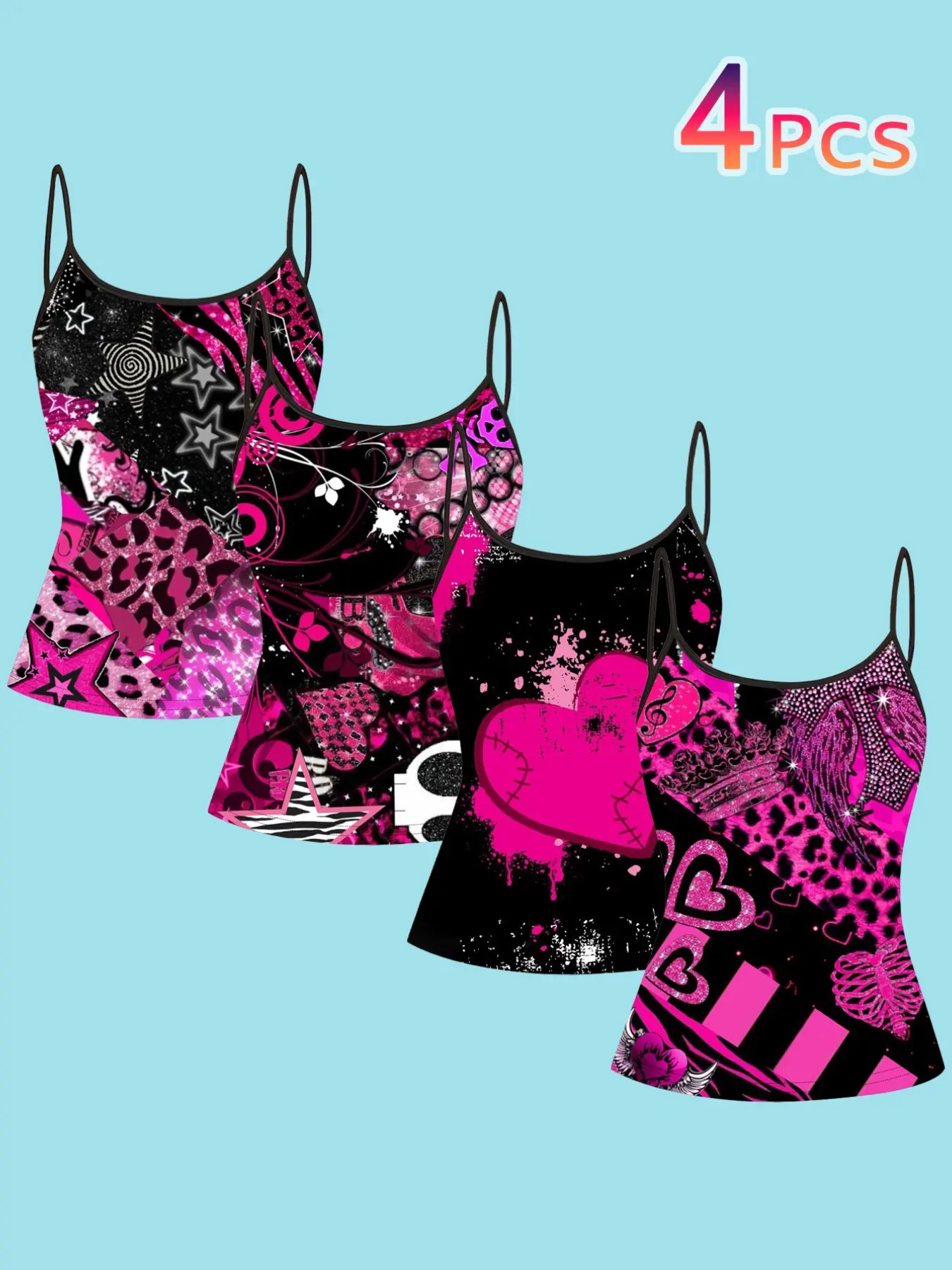 4-Pack Sweet Cool Girl Printed Strapless Cami Tank Tops, Leopard Star Graffiti Slim Fit Thin Shoulder Top, Casual Chic Sleeveless All-Season Wear Summer Casual Sleeveless