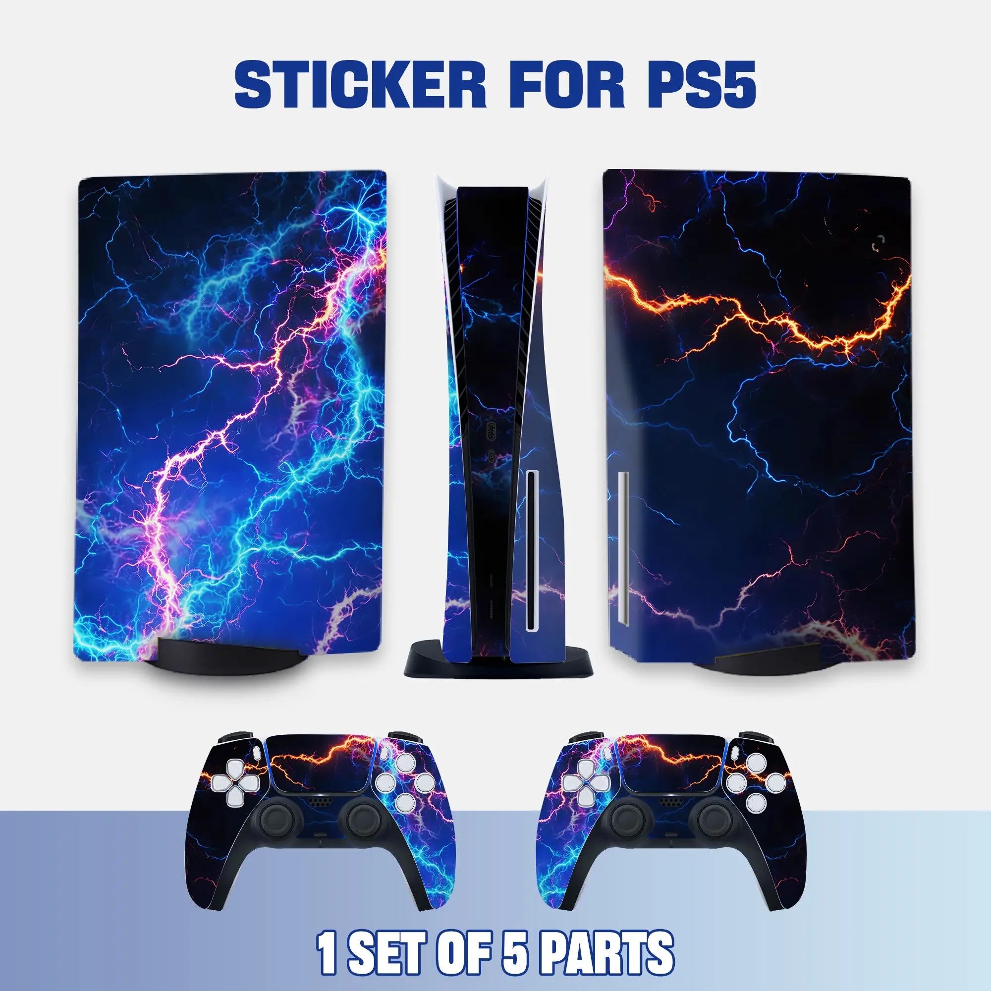 Colorful Lightning Storm Style PS5 Disc Edition Vinyl Skin Sticker for Console & Controllers, Waterproof, Scratch-Resistant, Dustproof, Removable & No Residue