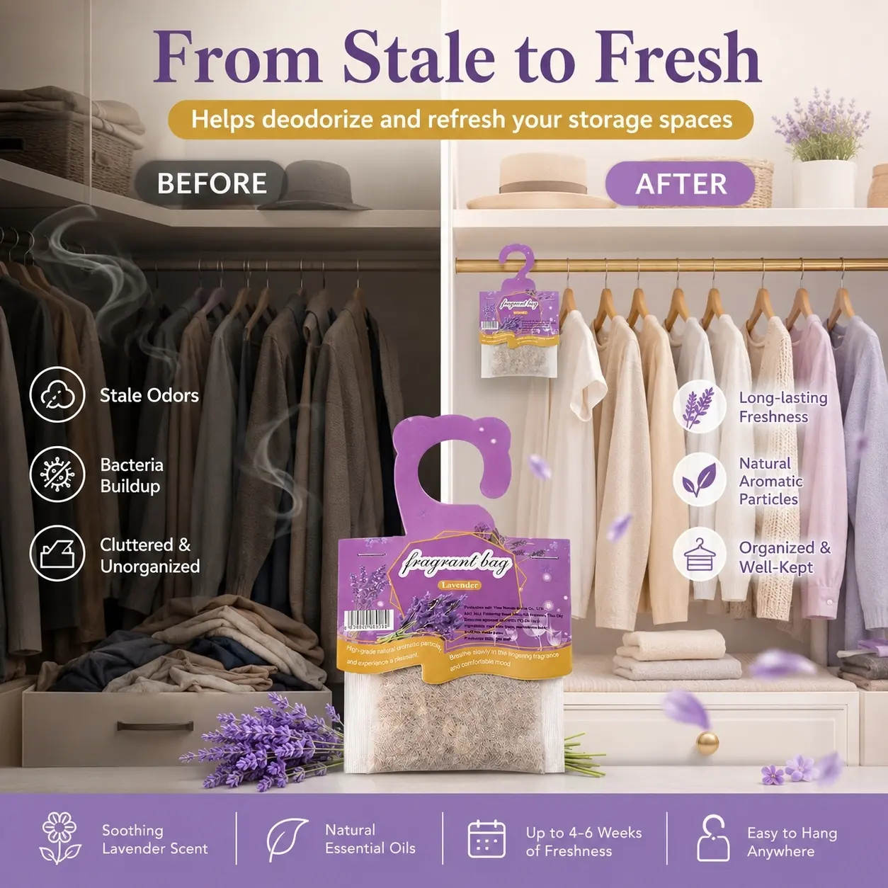 26PCS Lavender Scented Sachet Bags, Hanging Closet Air Freshener Deodorizer Bags, Long-Lasting Fragrance Sachets for Wardrobe, Drawers, Shoes Cabinet, Suitcase, Bathroom, Linen Closet & Home Storage