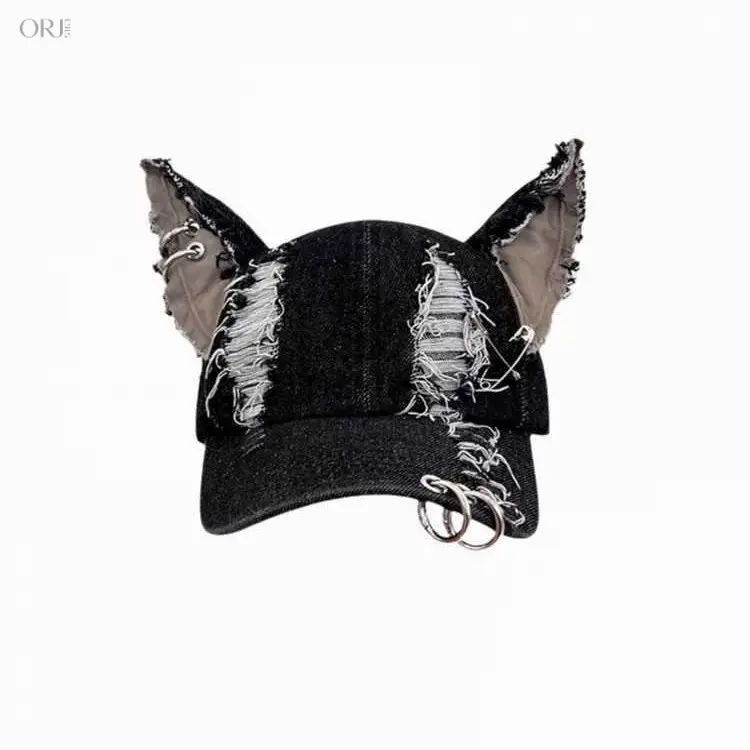 Hip Hop Distressed Denim Baseball Cap With Doberman Dog Ear Decor, Unisex Curved Brim Sun Hat, Vintage Ripped Jean Streetwear Headwear For Men Women, Outdoor Light Sun Hat For Halloween Street Market Matching,Touch,Scr,Gradient,Color,De,cos,b,e,cool,gift,