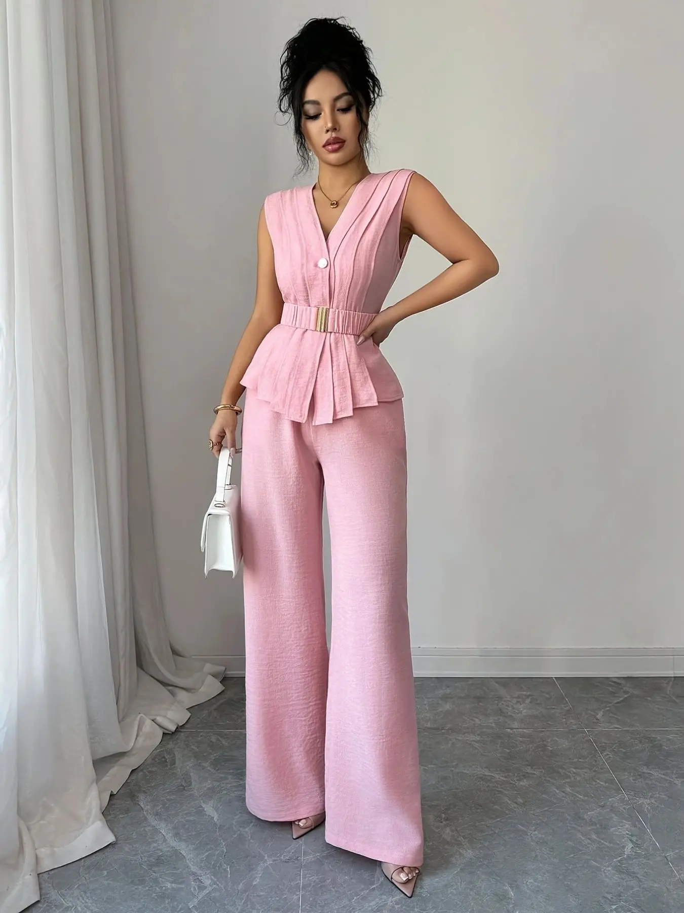 Women Pink Textured 2 Piece Outfit Sleeveless V Neck Peplum Vest Top High Waist Wide Leg Pants Chic Elegant Office Wear Suit
