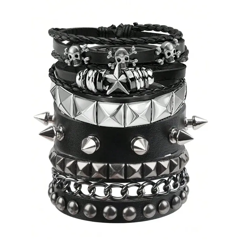 Unisex 5PCS Retro PU Leather Rivet Studded Bracelet Set - Adjustable Gothic Stainless Steel Spiked Cuffs, Durable Material Punk Rock All Seasons Fashion Accessory for Women's Concert, Christmas Streetwear