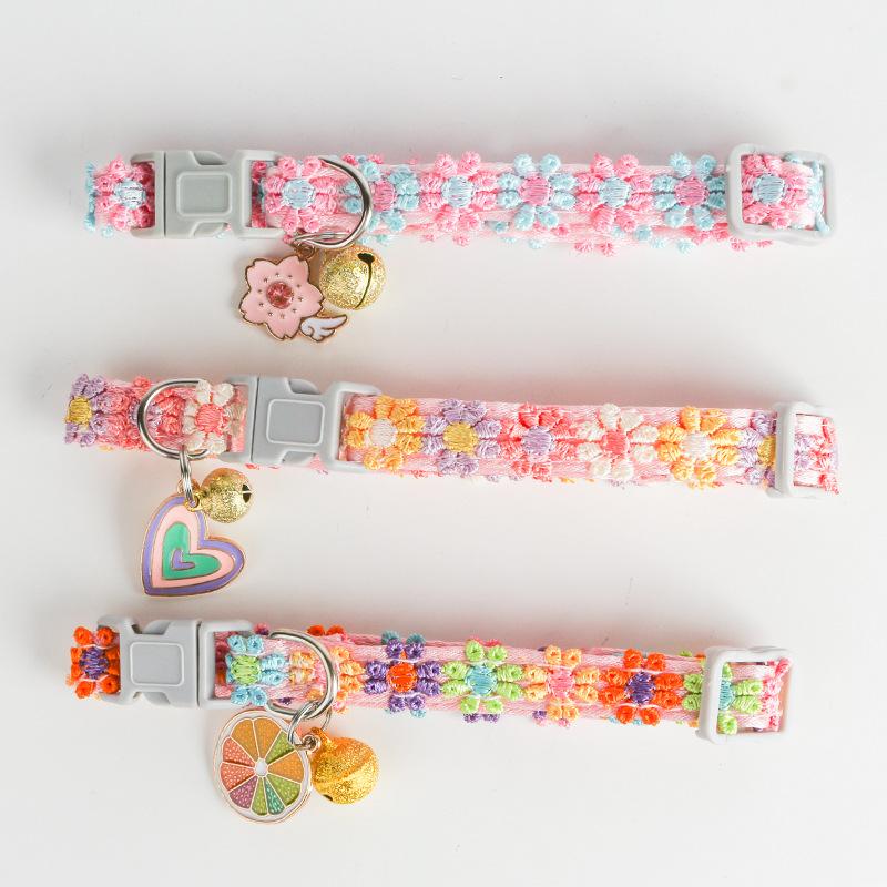 Dopamine Colorful Spring Cat Collar with Elegant Lace Embroidery Gentle Adjustable Fit and Jingle Bell for Cats and Tiny Dogs Stylish Pet Fashion Neckband Accessory