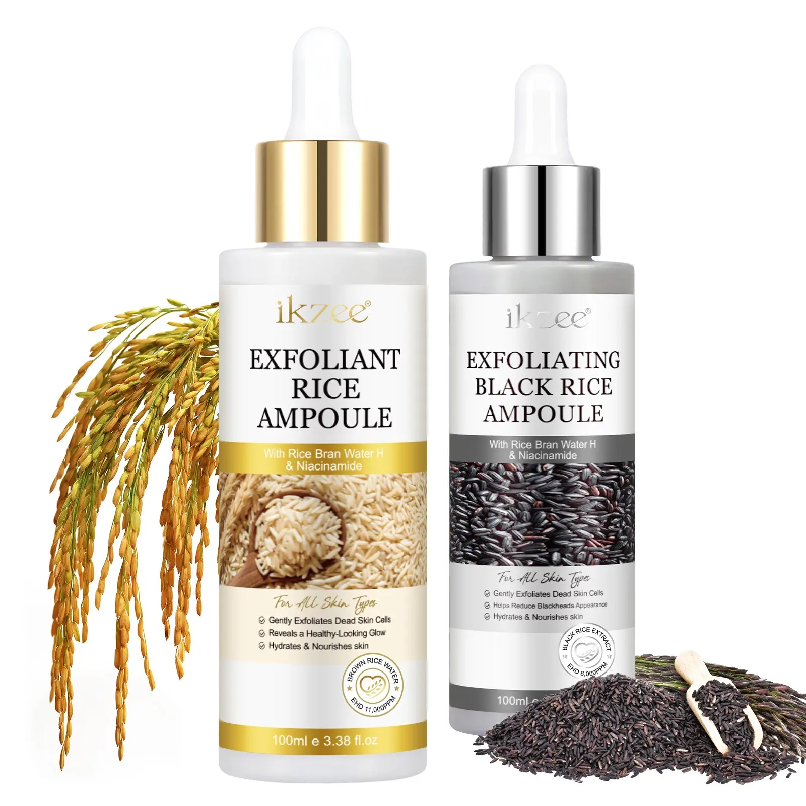 Ikzee and Rice Exfoliating Essence, Liquid Form, Contains Glycerin, Non-Flammable, Single Unit, Ideal for Skin Care