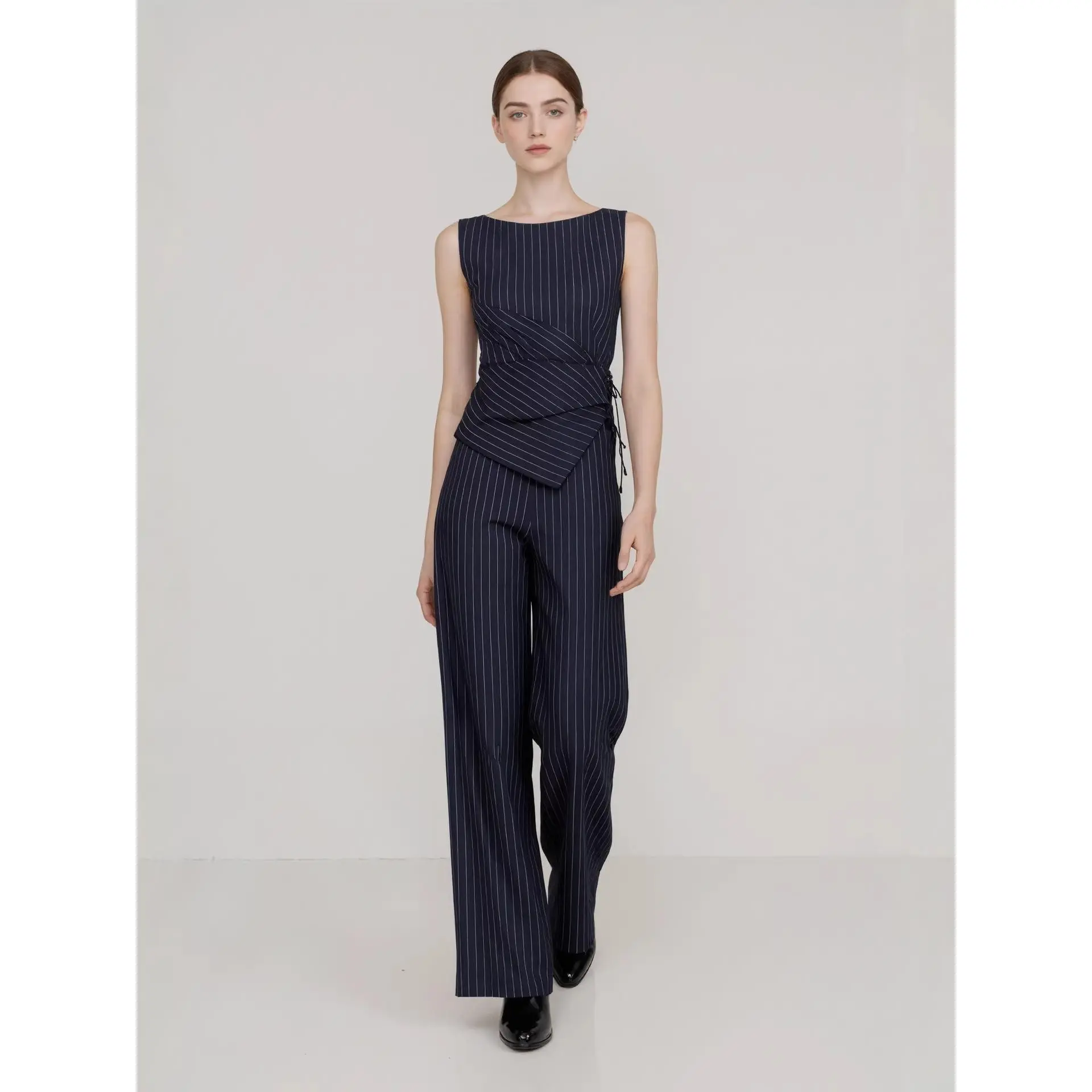 Striped 2-Piece Pants Set for Women, Elegant Slim-Fit Vest with Adjustable Tie-Back and Matching Straight-Leg Trousers, Clothes, Top, 2 Pcs Set