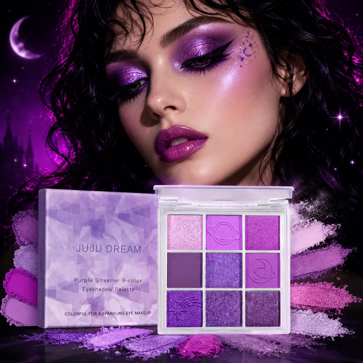 Pigment-Rich Purple Powder Eyeshadow Palette - 9 Colors, Matte, Shimmer, Glitter, Violet - Ideal for Halloween Makeup, Party Looks, Daily Creative Eye Looks