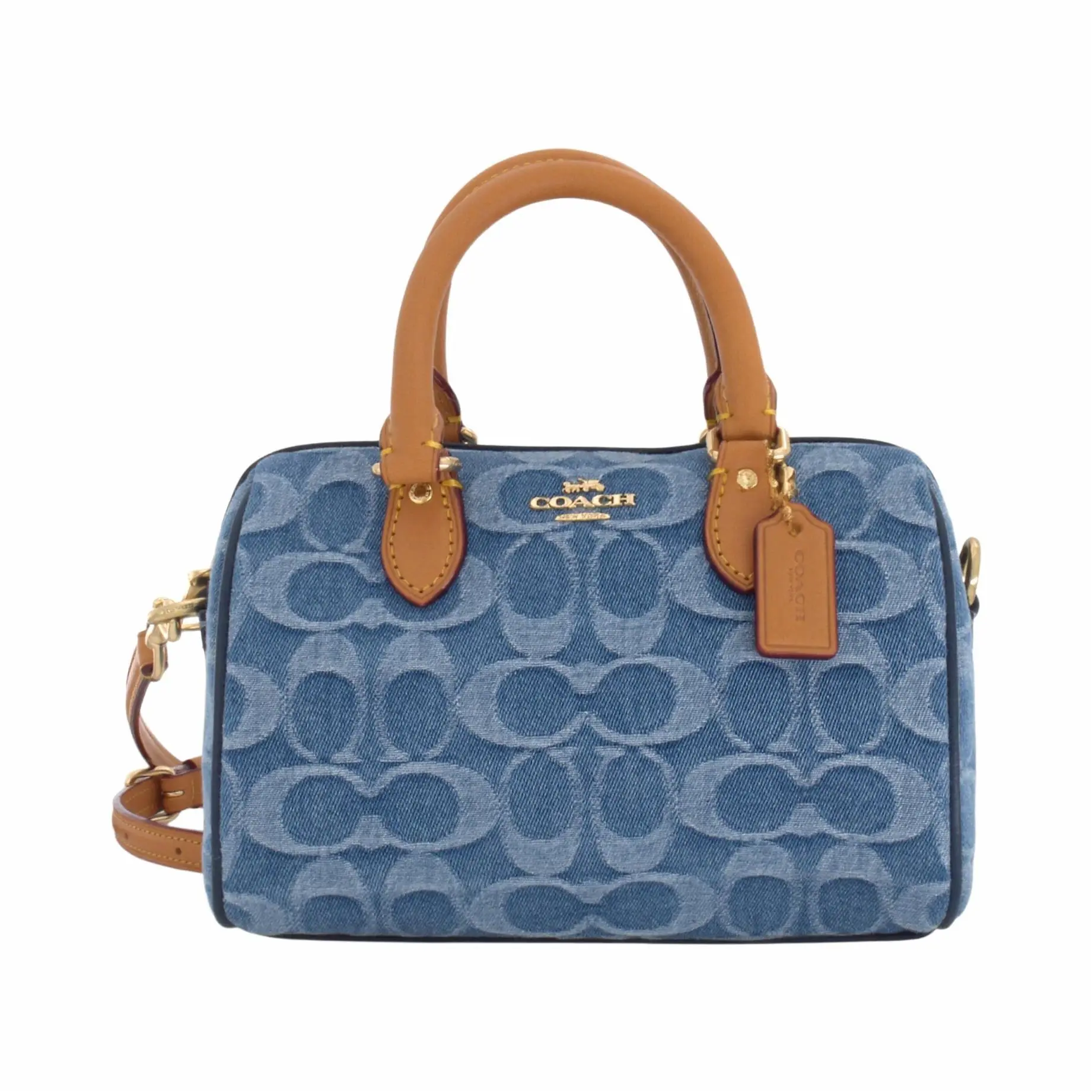 COACH Rowan 18 Classic Monogram Top-Zip Boston Bag for Women, Detachable Strap, Fabric, Indigo Blue