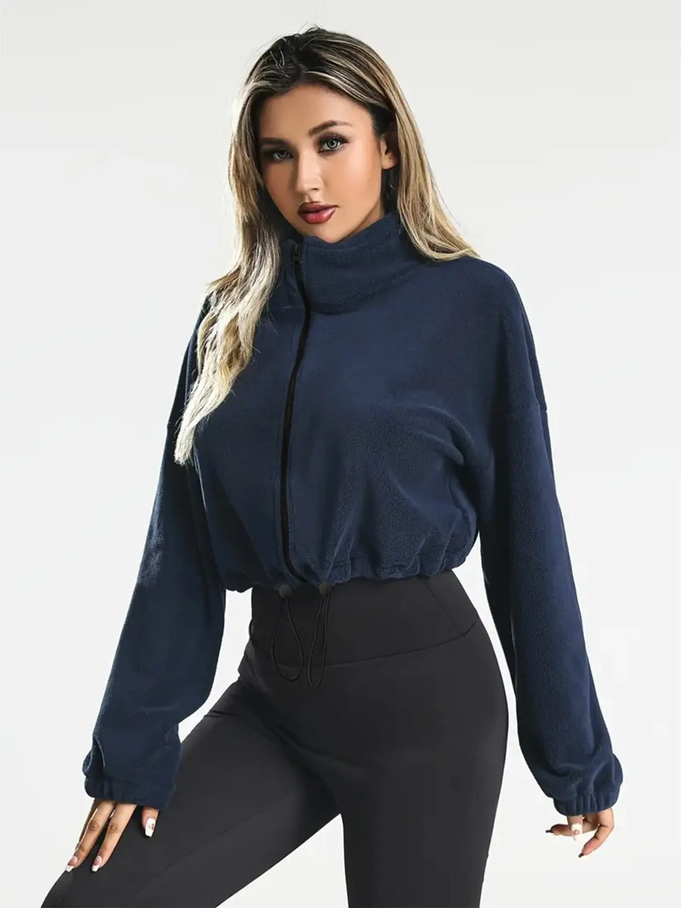 🔥Autumn and winter women's short fleece zip-up jacket with stand collar and drawstring hem, loose fit, suitable for fitness, jogging, everyday wear, street style, sports, casual, solid color, simple Sports Outerwear #standcollarjacket #fleecejacket