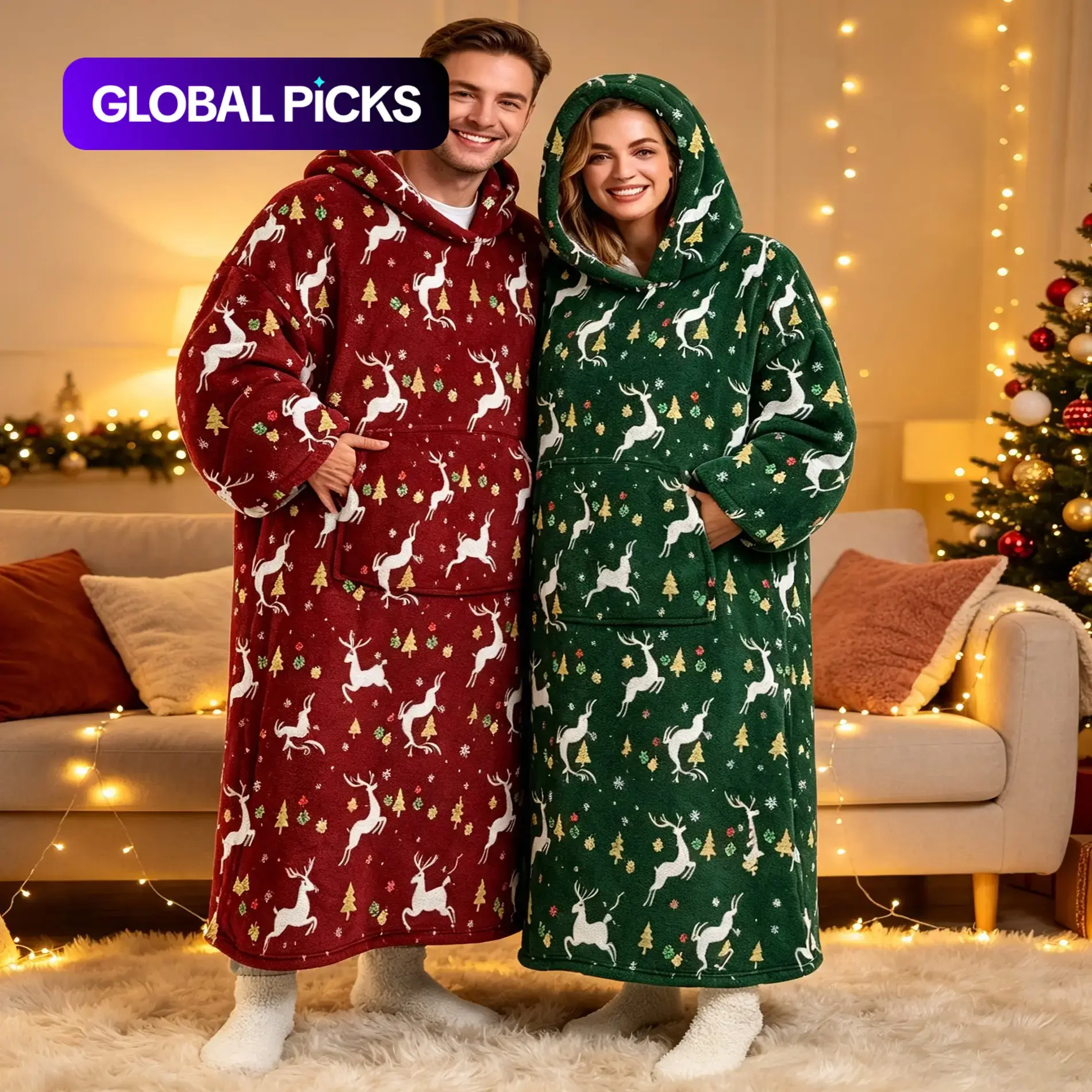 Adult Reindeer Wearable Blanket Hoodie, Extra Large Size Christmas Nordic Reindeer Snowflake Print, Soft Flannel, Warm and Comfortable, with Sleeves and Pockets