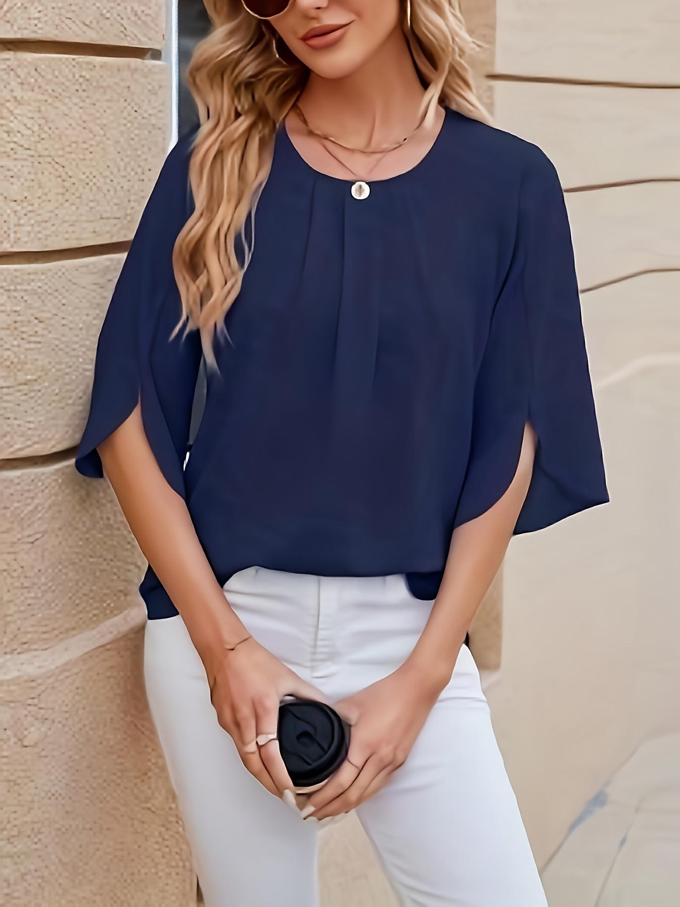 Women'S Summer Fashion Versatile Round Neck Solid Color Chiffon Shirt Pleated Top Loose Comfortable Casual Vacation Shirt