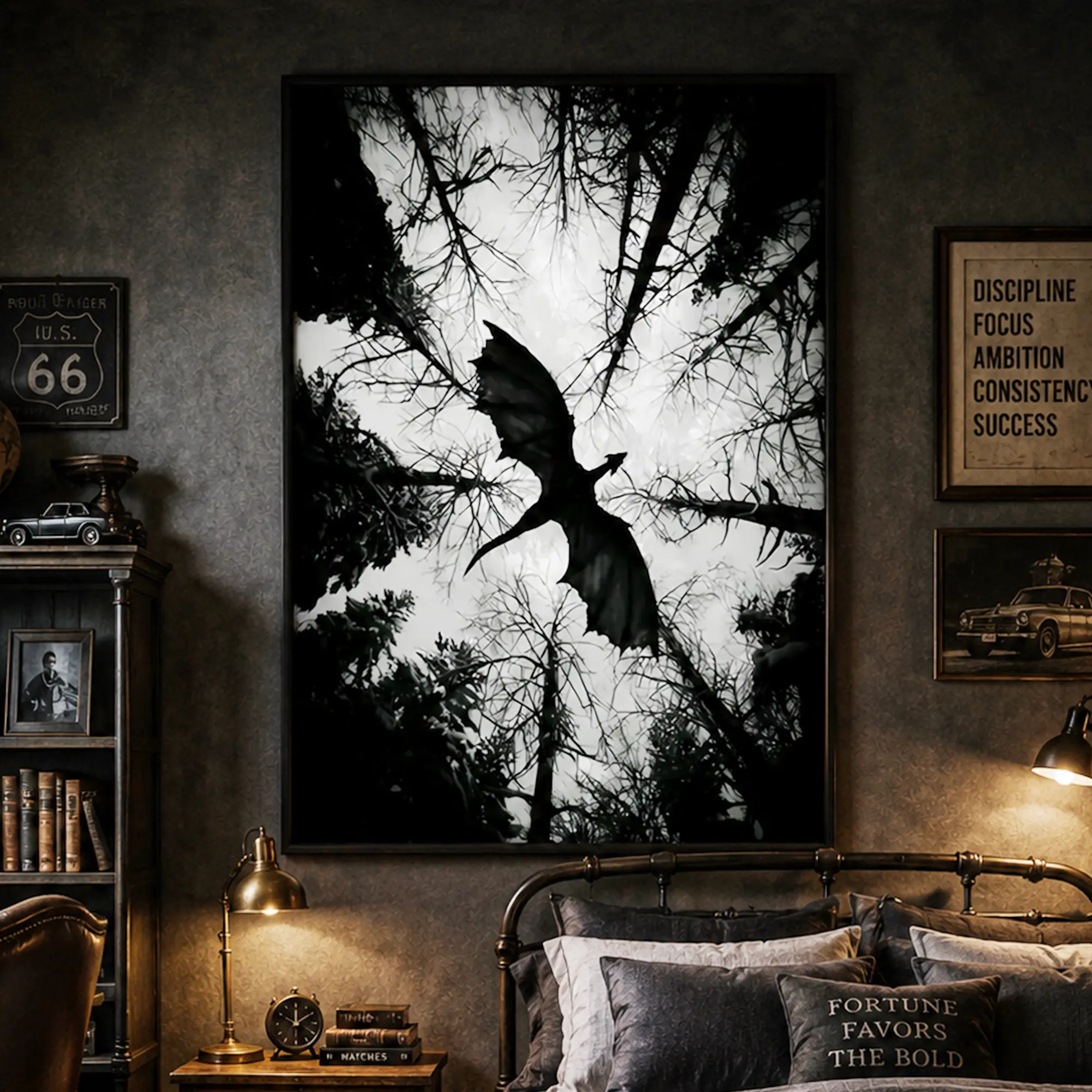 Fantasy "Flying Dragon" Canvas Wall Art Print - Dark Forest Silhouette, Gothic Medieval Decor, Multi-Size Ready-to-Hang Home Decoration, Collector Gift, Artistic