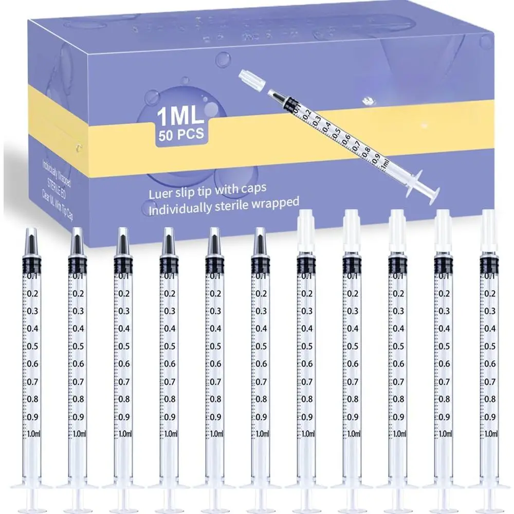 50 Pcs 1ml Syringes with Caps Oral Dispenser Individually Sterile Warpped for Medicine Dropper, Colostrum Collect Feeding Pets, Liquid