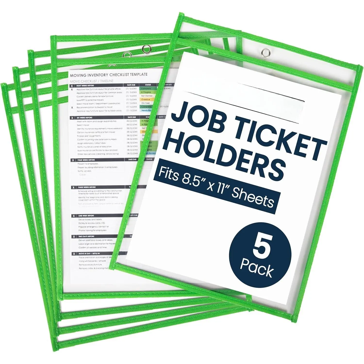 - 5 Pack, Green, Job Ticket Holders, 10" Wide x 13.5" Tall - Clear Plastic Shop Ticket Holders - Easy to Use,  & Easy Erase Plastic Invoice Holders, Water-Resistant & Durable