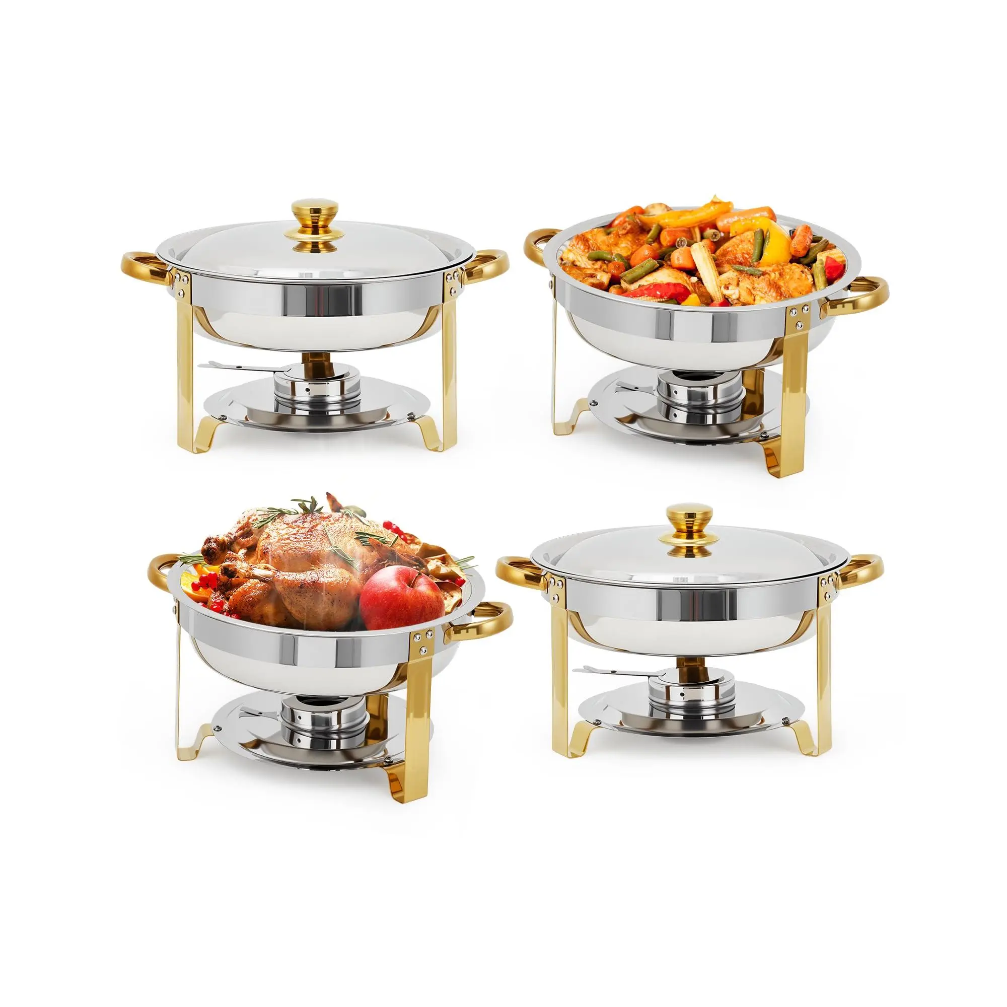 GARVEE 4 Pack 5 QT Round Stainless Steel Chafing Dishes with Lids, Buffet Servers and Food Warmers, Gold Finish for Catering, Parties, Weddings, and Banquets