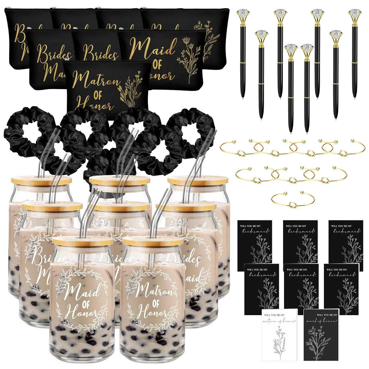 48 count 8 Set Bridesmaid Proposal Gifts Maid of  Gifts16oz Glass Cups  Makeup Bags Invited Cards Scrunchies Hair Knotted Bracelets  Pens(Classic Style,Black)