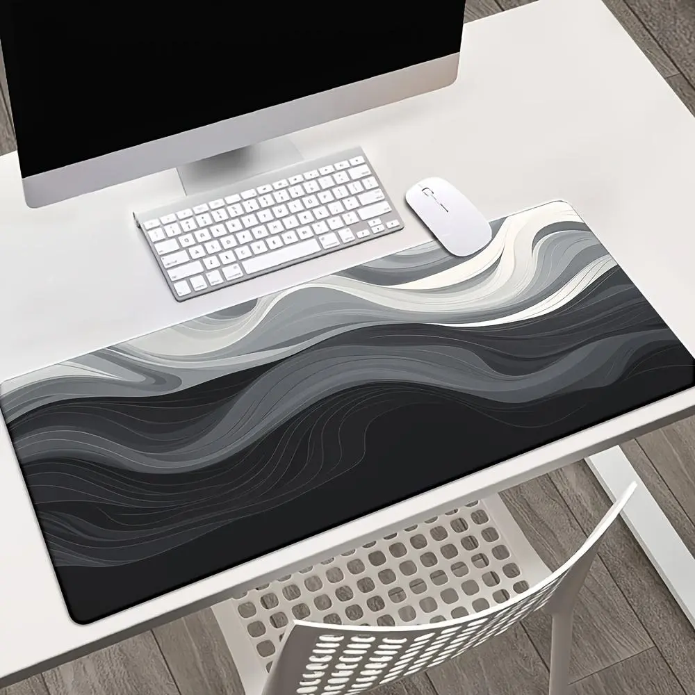 Black-White-Gray Wave Stripe Gaming Mouse Pad, Anti-Slip Rubber Blend Base, Contemporary Desktop Mat for Gamers-Studiers, Laptop-PC Office Desk Use