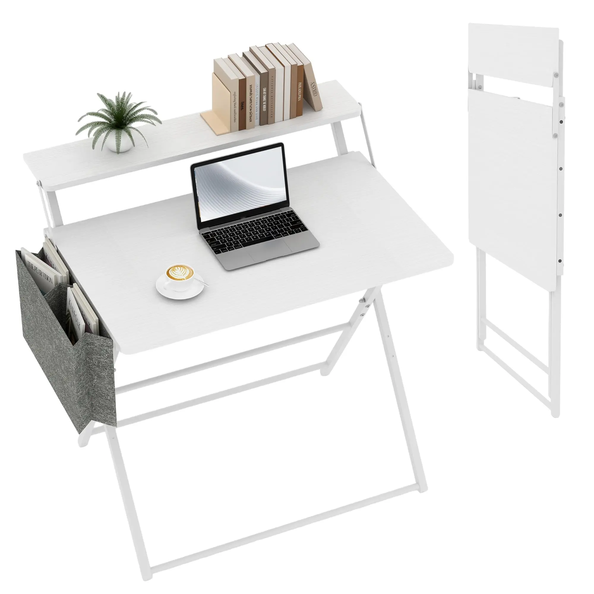 Small Desk No Assembly,31.5Inch 2-Tier Compact Computer Desk with Shelf & Side Pocket,Space Saving Foldable Table for Home Office, Bedroom or Apartment,Portable Collapsible Sturdy Laptop Desk