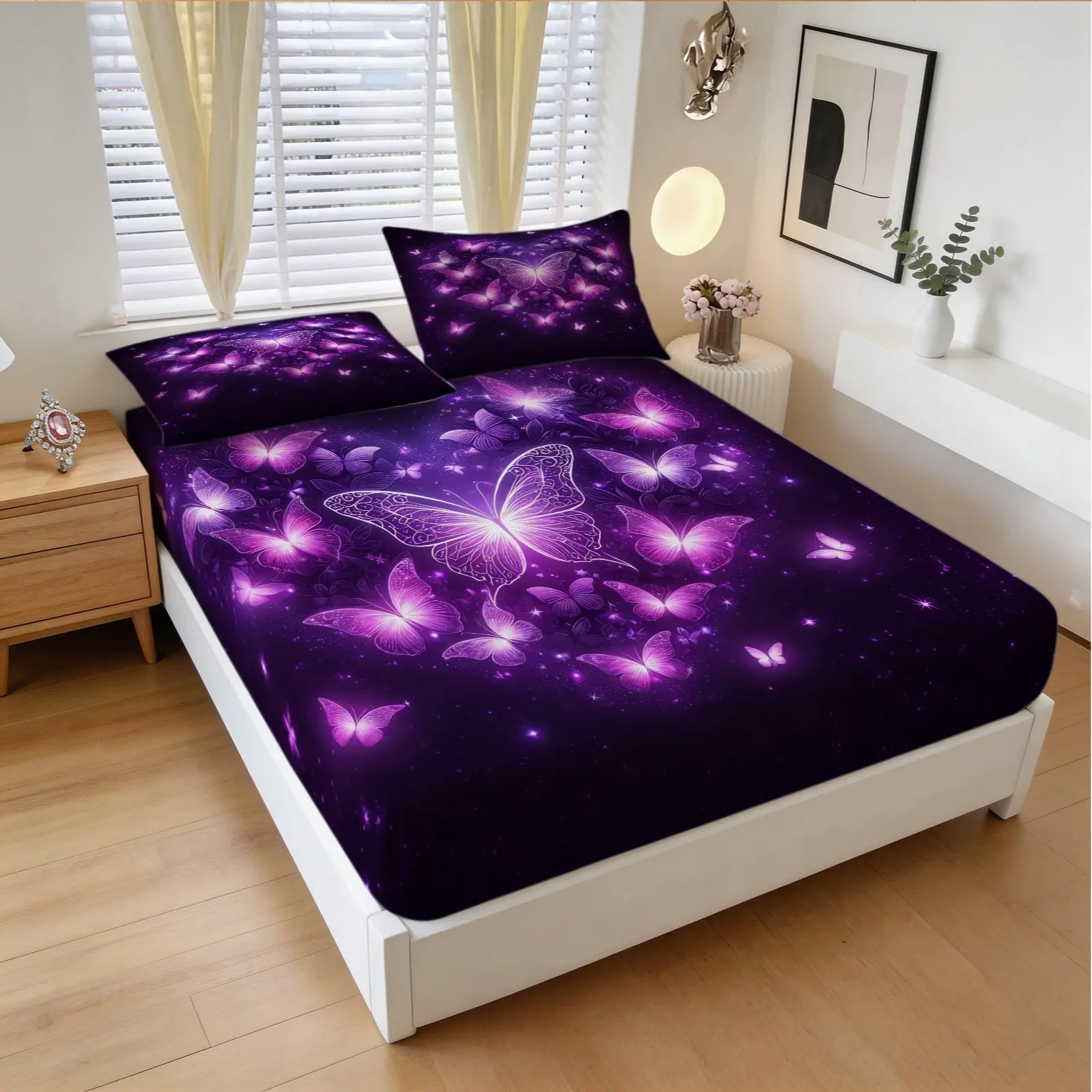 3-Piece Set Of Purple Butterfly Patterned Bed Sheets, Including 1 Bed Sheet And 2 Pillowcases (Excluding Pillow Core), Comfortable Bedding, Non Slip Suitable For Bedrooms, Suitable For Children And Teenagers As Gifts And Decorations