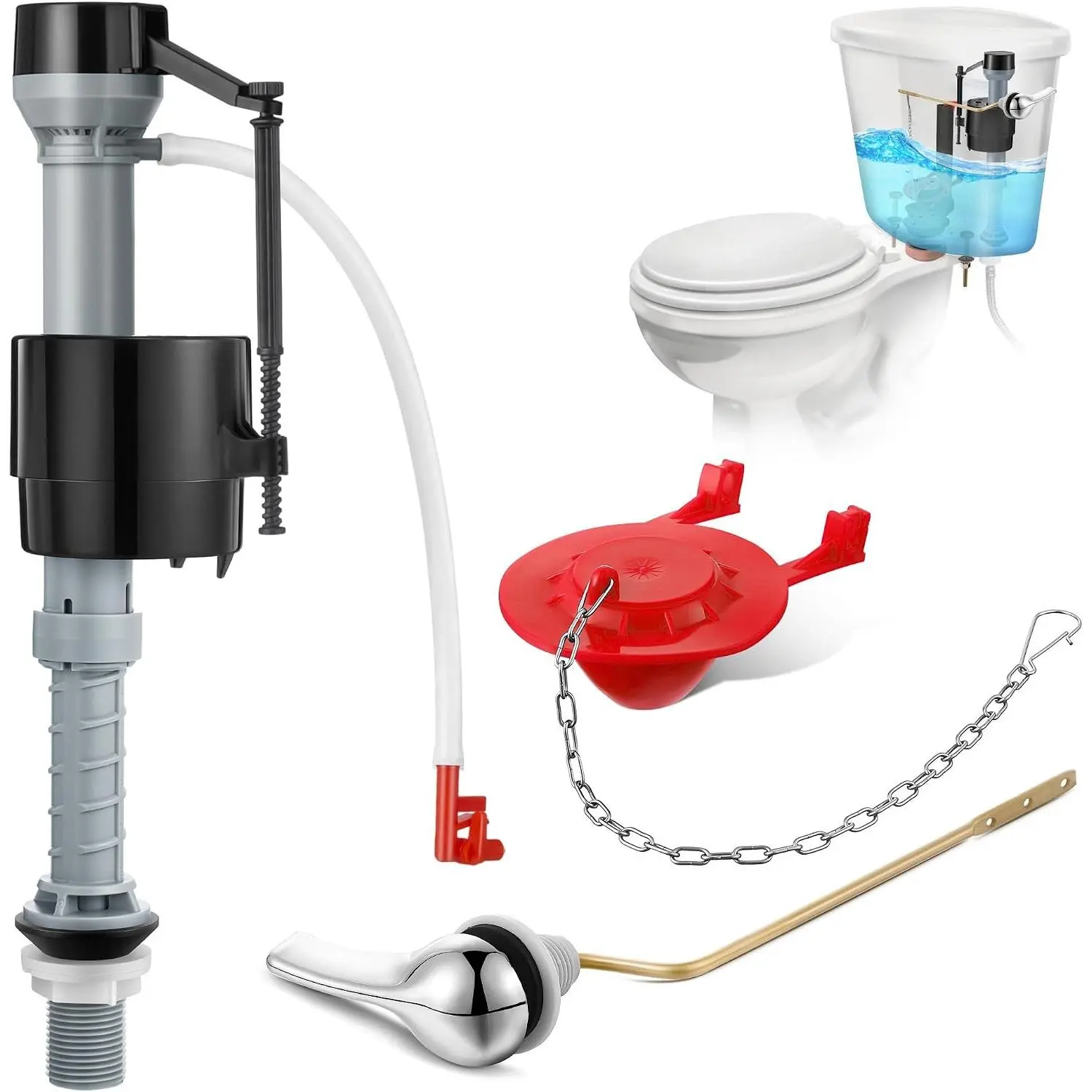 Universal Toilet Flusher Replacement Kit, Fill Valve, 2-Inch Flapper, Side Mount Handle Lever, Water-Saving, Adjustable Toilet Repair Kit Inside Tank, Easy to Install(1 Set,Black, Red)