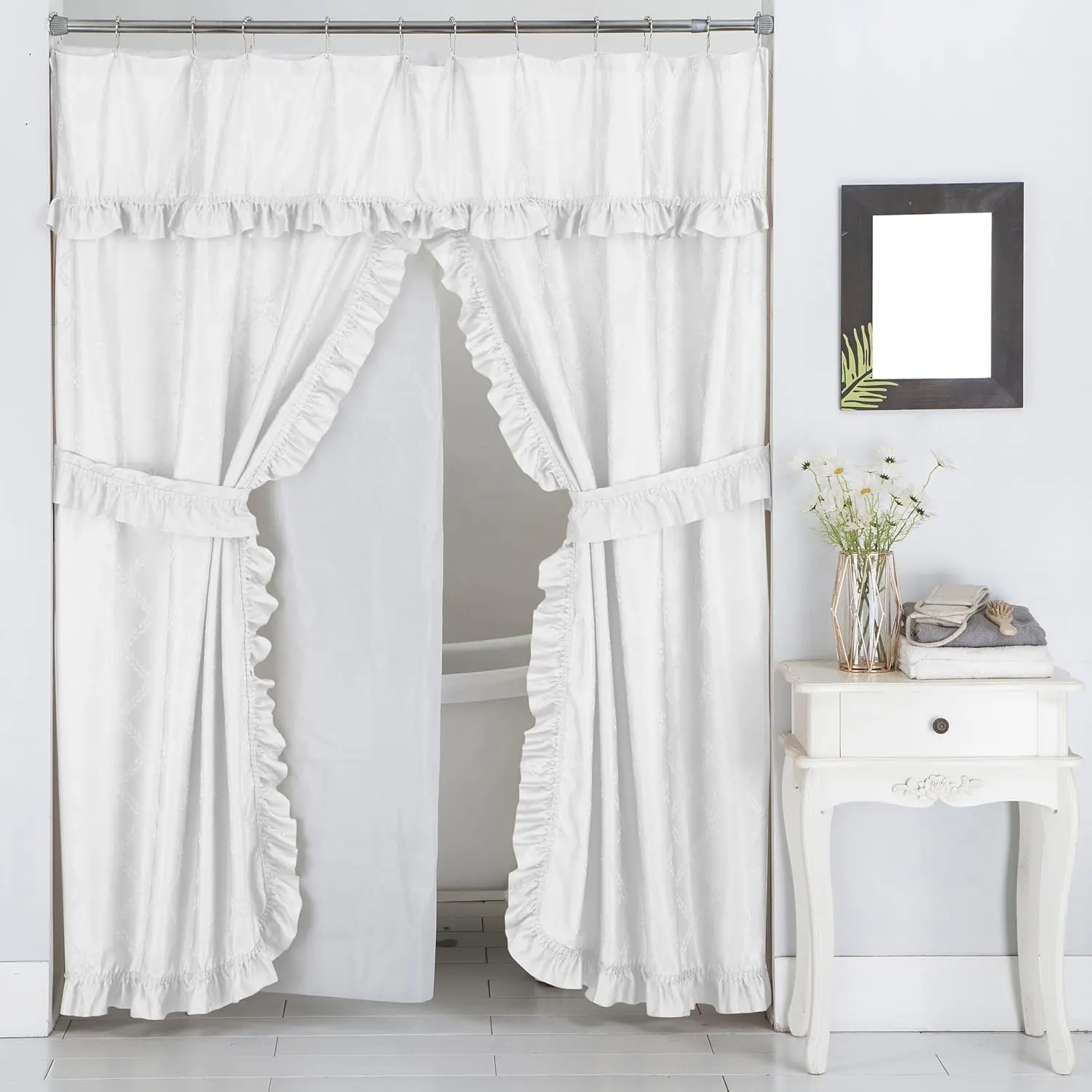 Double Swag Ruffled Fabric Shower Curtain Set, Intersected Leaves , PEVA Liner and Roller Rings (White)
