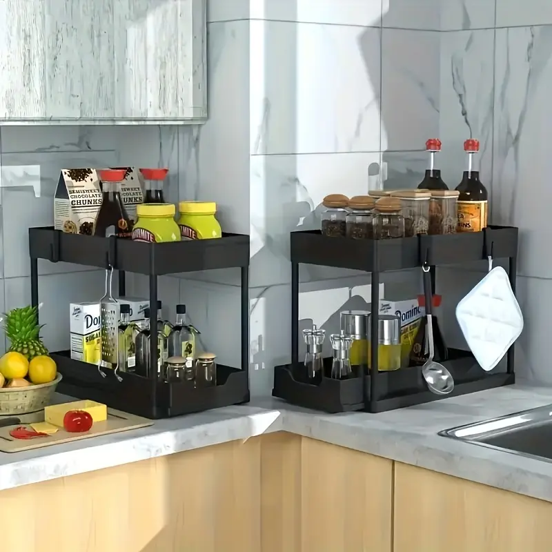 Black Under Sink Storage Shelf With Hooks, Space Saving Cabinet Organizer, Multi-Purpose Bottom Rack For Kitchen Cabinets Bathroom Vanity, Under Sink Organizer For Pantry Storage
