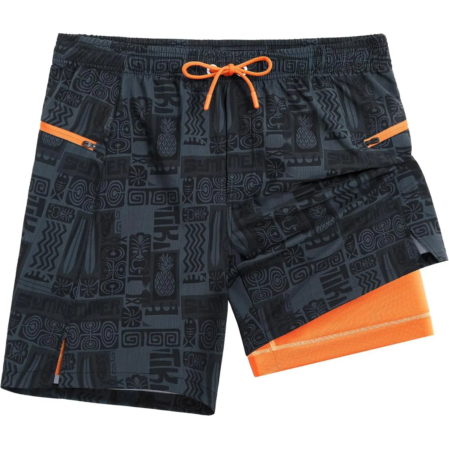 Men's 7" Floral Print Swim Trunks, Quick Dry Polyester Blend 2-in-1 Board Shorts with Compression Liner and Zipper Pockets for the Beach, Male, Beach/Swimming, Split-Leg Cut, Quick Dry Care, Beach Activities