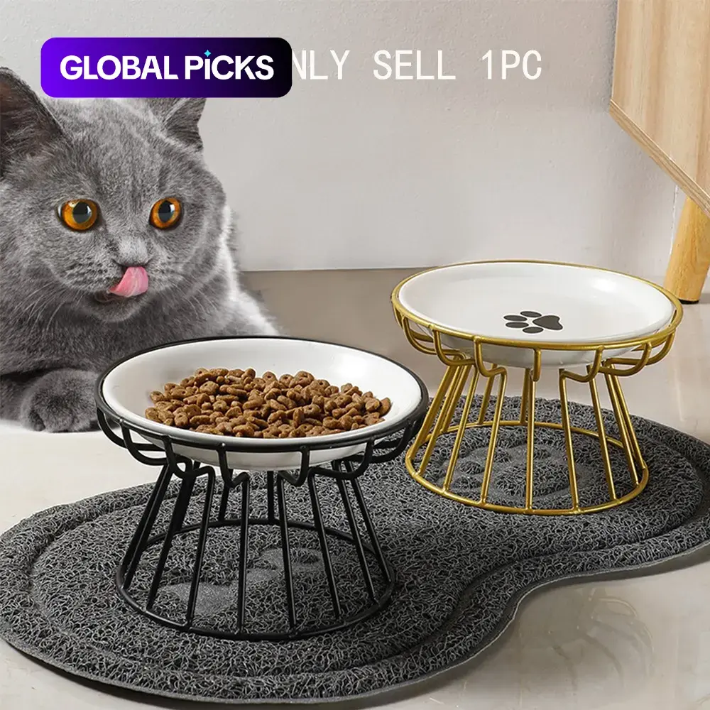 Raised Bowl for Cats, Fishbone & Cat Paw Pattern Ceramic Pet Bowls with Iron Stand, Pet Feeding Supplies, Dog & Cat Accessories #GLOBAL PICKS