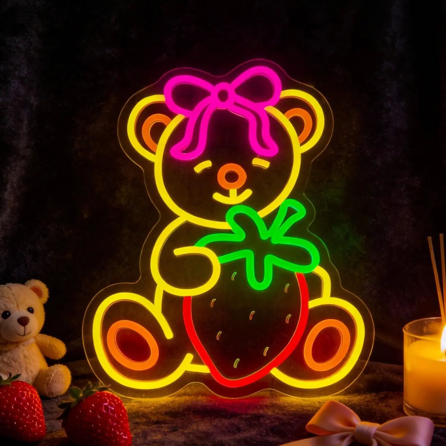 Strawberry Bear Neon Light Sign, Glowing Neon Sign for Wall Decoration, USB Powered, Indoor Decor for Home, Bar, Party, Christmas Gift