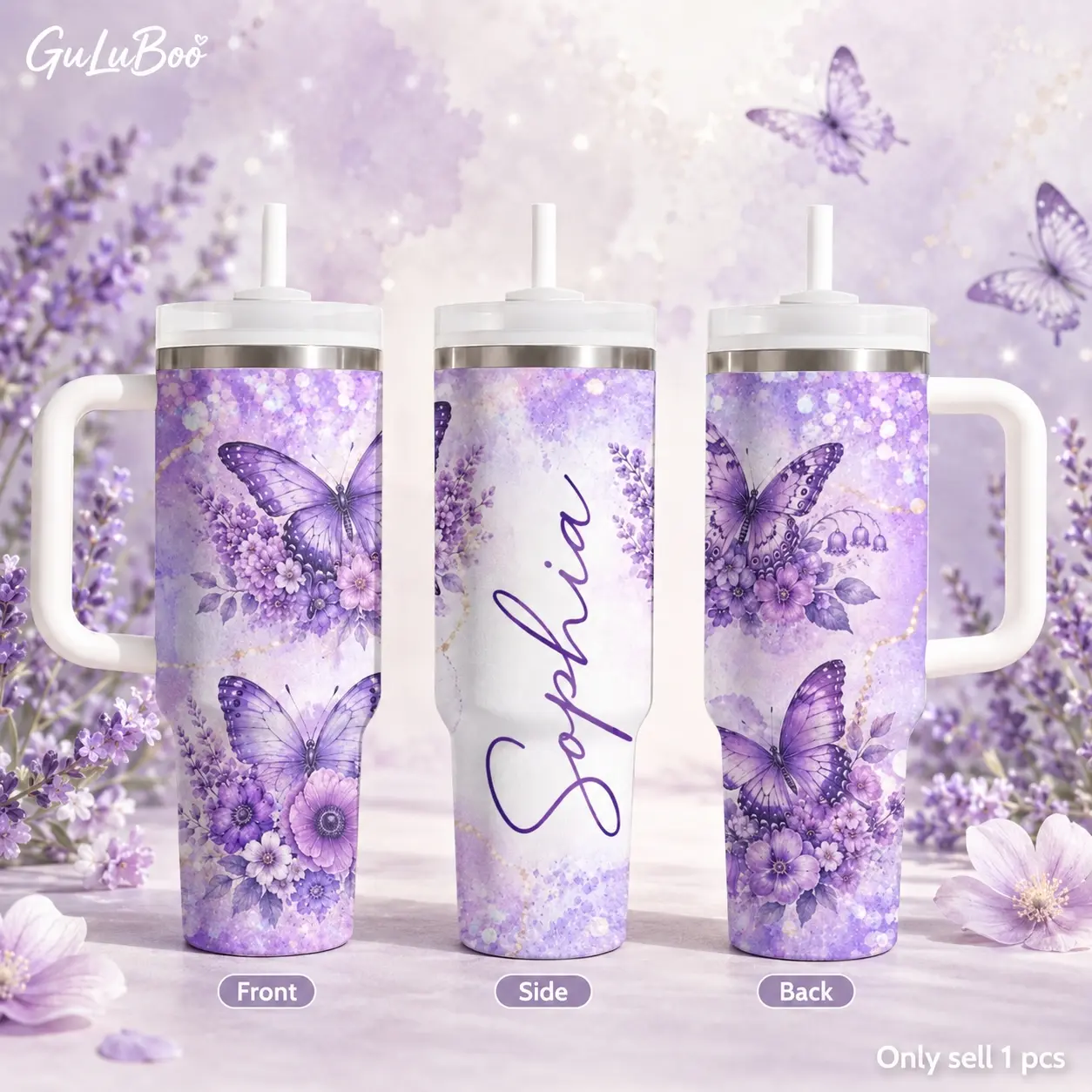 GuLuBoo Purple Floral Vacuum Flasks 40oz Stainless Steel Tumbler With Handle & Straw – Vacuum Insulated Travel Mug, Keeps Drinks Cold Up To 24H, Leak-Resistant Cup For Iced Coffee, Water, Gym, Office & Travel Insulated Cups