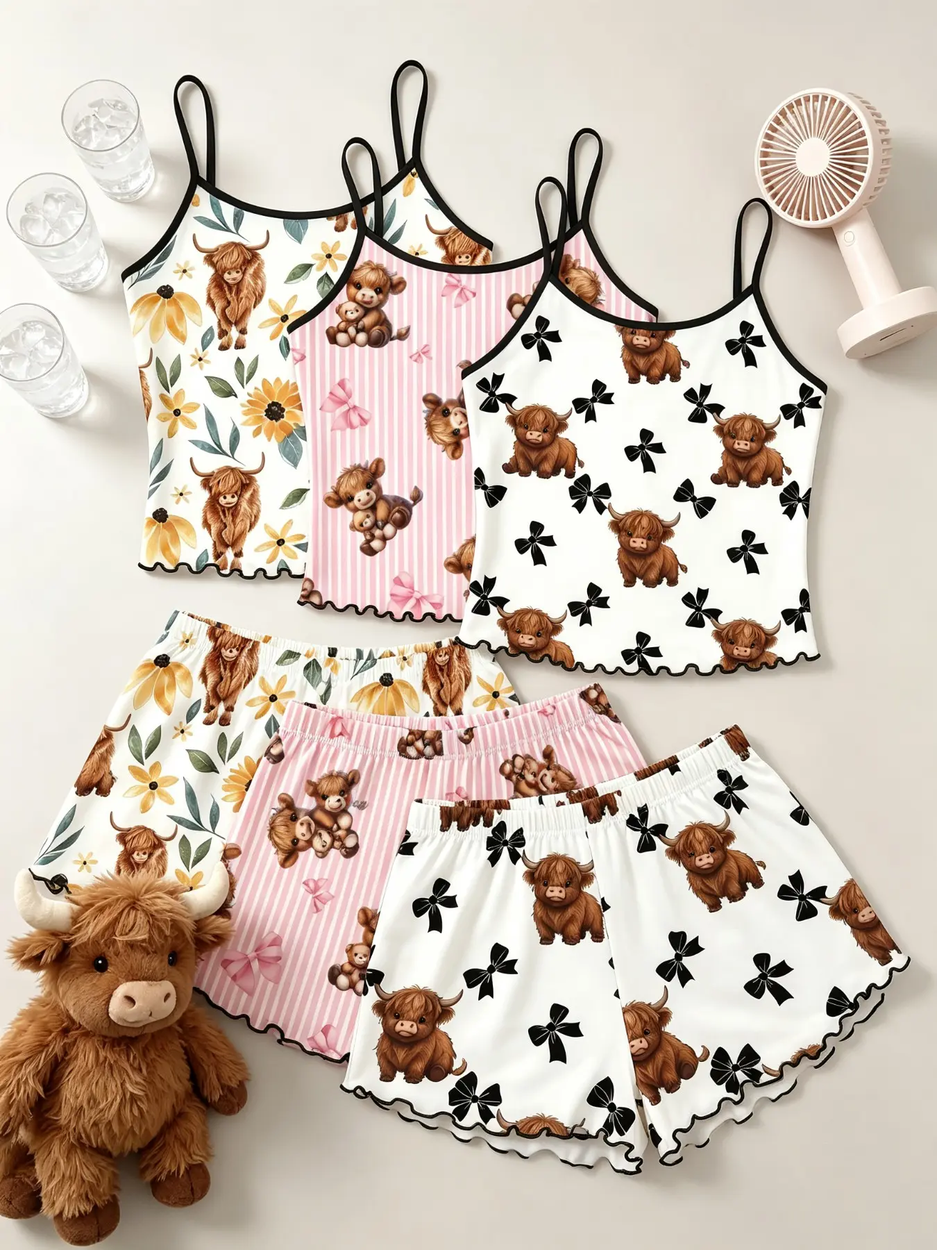 6-Piece Upgraded Women's Pajamas Sets Highland Cow Floral Sunflower Bow Print White Pink Stripe Summer Spaghetti Strap Cami Elastic Shorts Lettuce Hem Contrast Trim Soft Breathable Relaxed Fit Sleepwear Loungewear Nightwear for Home Daily Wear