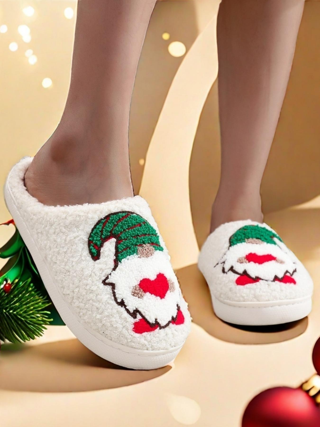 Cute Cartoon Gnome Christmas Pattern Slippers, Casual Soft Comfortable for Women, Fluffy All Seasons House Shoes for Indoor & Outdoor, Fuzzy Warm Slippers