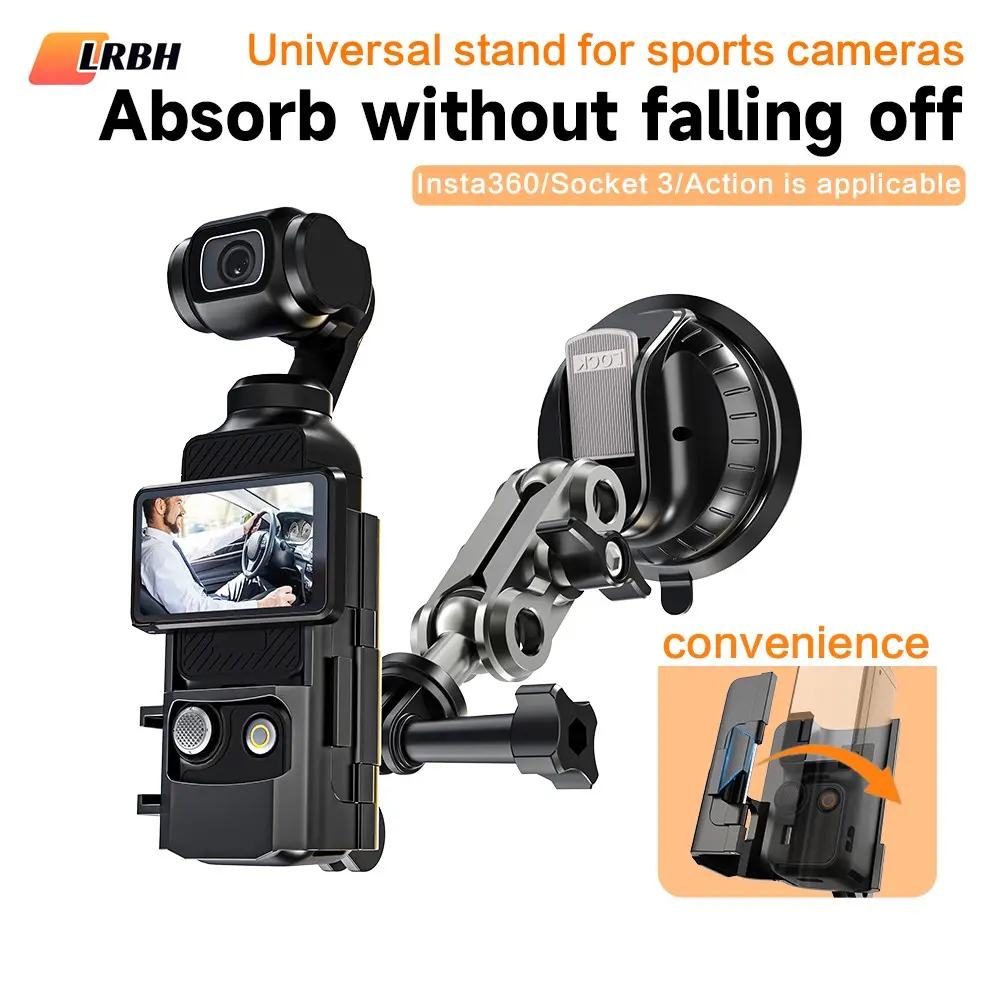 LRBH Suction Cup Camera Mount for DJI Osmo Pocket 3, 80mm Strong Suction Car Holder, Aluminum Alloy 360° Adjustable Arm, 1/4" Thread & Three-jaw Interface, Compatible with Insta360 Action Cameras Windshield Dash Bracket