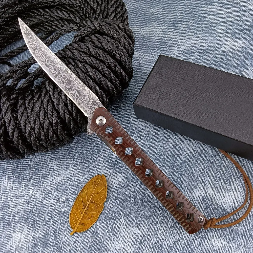 High-Quality Pocket Folding Knife Damascus Steel, Ebony Handle—Multifunctional Outdoor Knife, Durable Outdoor Tool, Camping, EDC, Survival Tool, Gift, Collectible