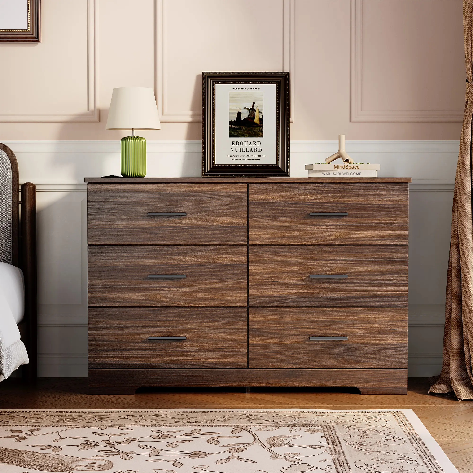6-Drawer Wood Finish Bedroom Dresser, Modern Chest of Drawers with Metal Handles, Storage Organizer for Living Room, Entryway, Six Drawers