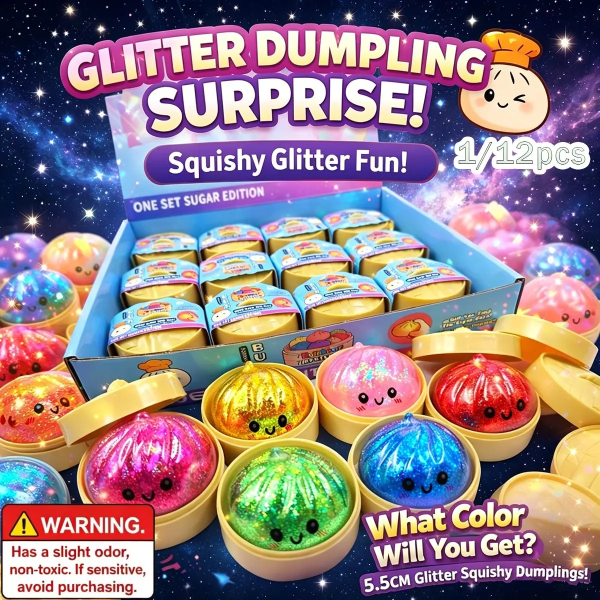 1/12pcs-Colorful Glitter Squishy Fun Steamed Bun Squeeze Toys, Stretchable Dumpling Stress Relief Balls with Mini Steamer, Cute Sensory Fidgets for Kids Adults, Ideal Desk Toys & Birthday Presents, Sparkly Squishies