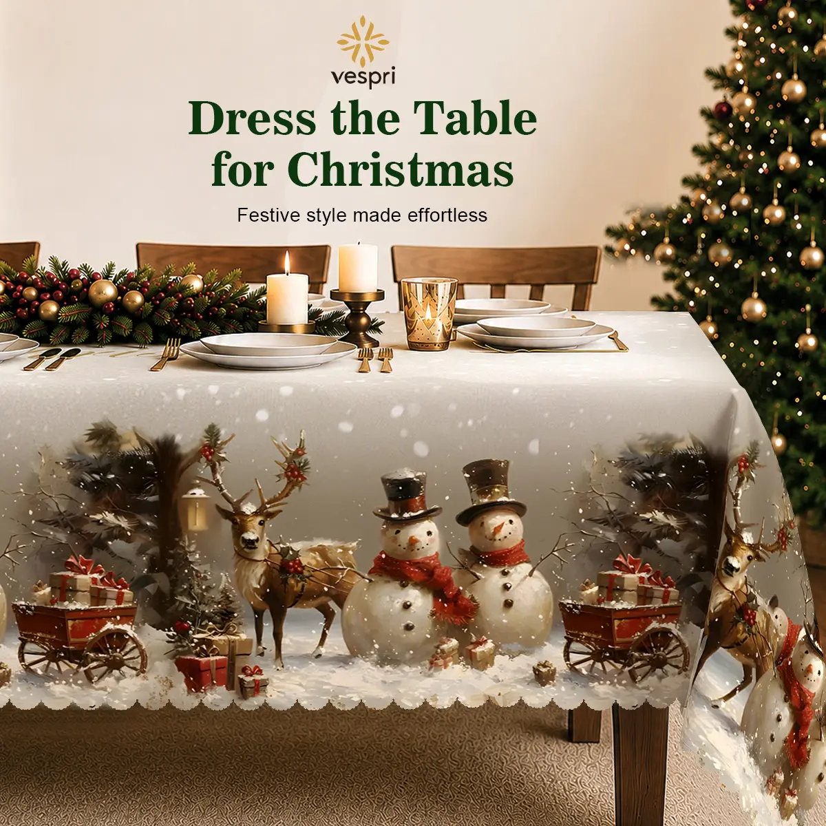 Christmas Snowman Tablecloth with Snowmen, Reindeer, Christmas Trees and Holiday Gifts, polyester for Christmas Decor and Holiday Parties, Machine Washable, Multi-Size, Table Protection, Clearance Sale