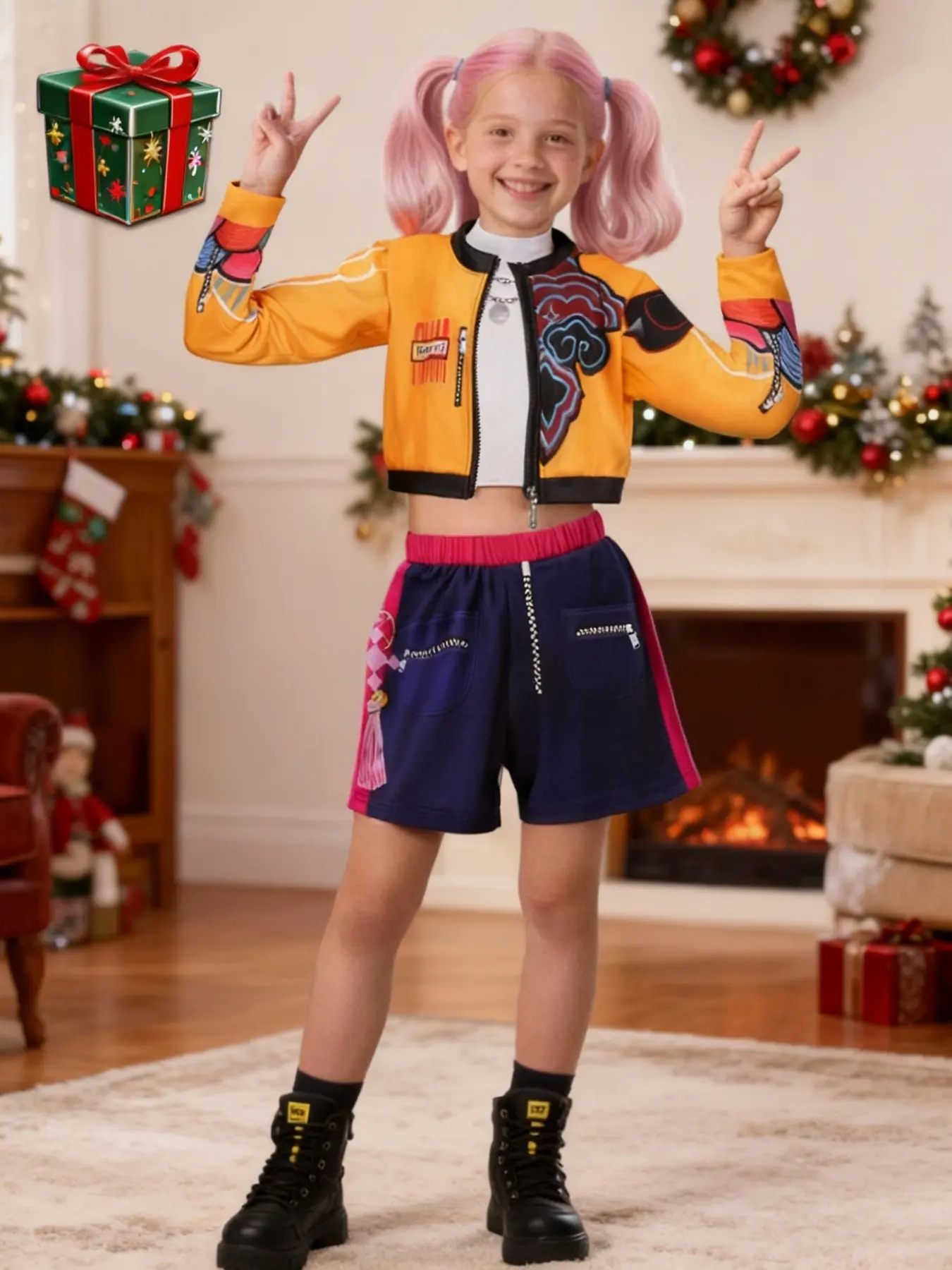 K-Pop Demon Hunters Costume Set for Girls, Halloween Role Play, Cartoon Pattern, Fitted Crop Length, All Seasons