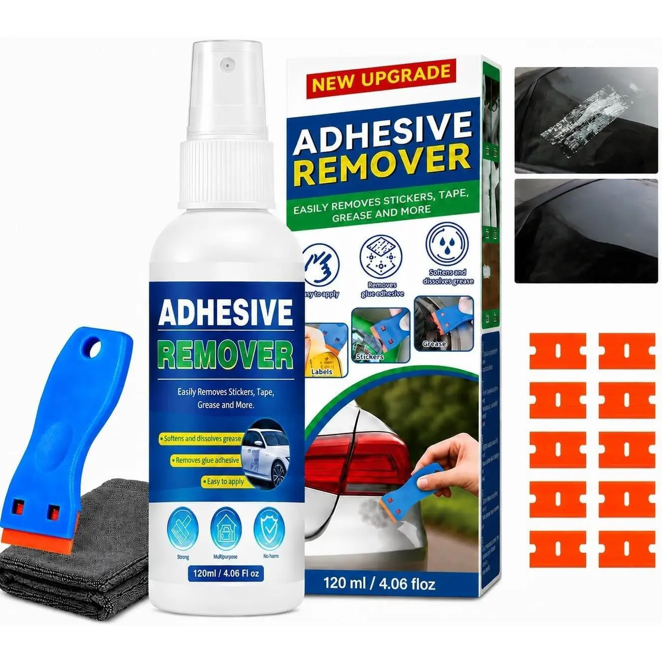 Adhesive Remover, Sticker Remover with Plastic Razor & Towel, 120ml Glue Removers for Removing Labels, Tapes, , Wax and Sticky ,  Super Glue Removers for Floor, Windows, Walls,