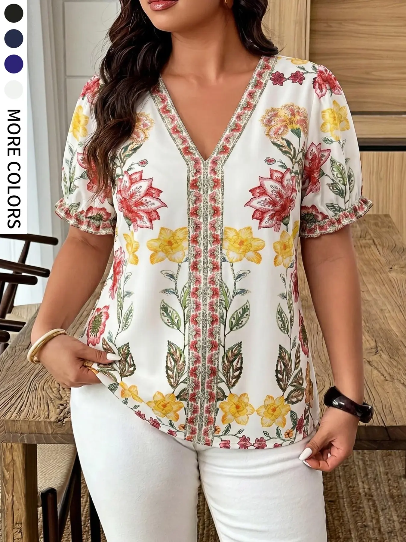 Plus Size Women's V Neck Aesthetic Printed Lantern Sleeve Top Shirt Blouse, Loose Fit, Half Sleeve, Casual Wear, Ideal for Daily, Travel, Garden Parties