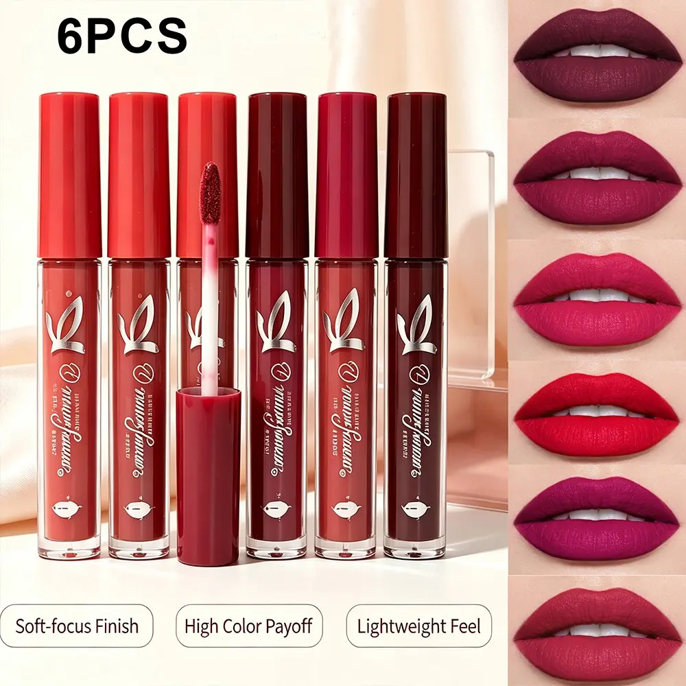 Dragon Ranee Rabbit Ear 6 Color Matte Lip Gloss Set, Velvet High Pigment Liquid Lipstick, Waterproof Long-Lasting, Perfect for Daily & Party Use