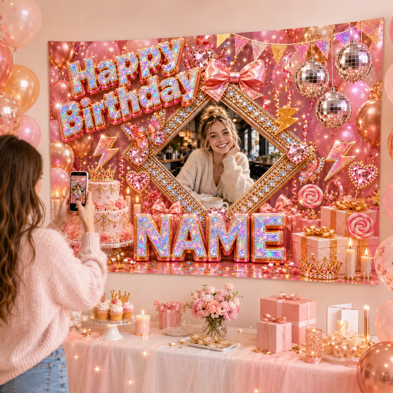 Personalized Pink Bow Birthday Backdrop with Photo and Name, Disco Balls, Cake, Butterflies, Gifts and Candy Decor