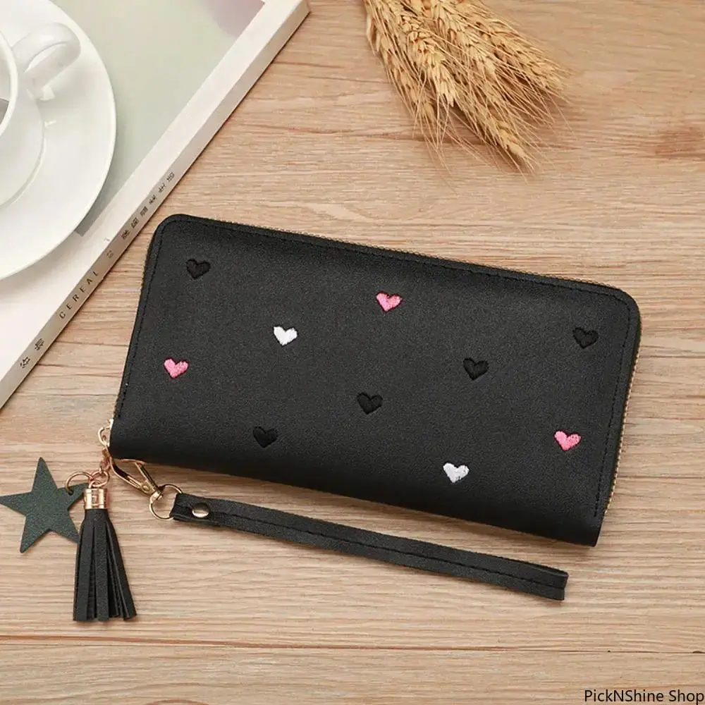 Women's High-Capacity Wallet, Cute Heart Embroidered Faux Leather Zip Clutch with Wrist Strap and Star Tassel, Casual, Synthetic