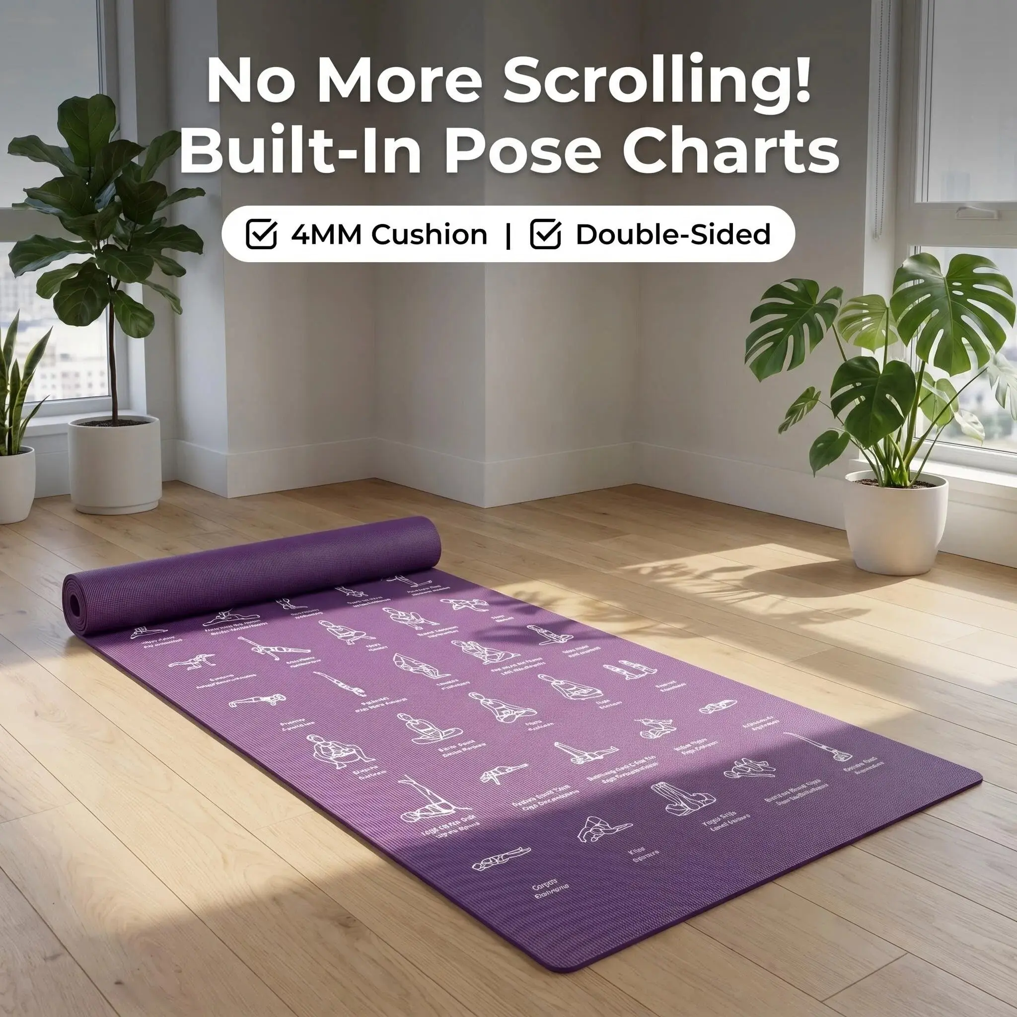 4mm Double Sided Printed Yoga Mat with Pose Guide, Non Slip Eco Friendly PVC Workout Mat, Thick Cushion Exercise Mat for Beginners Pilates Home Gym Training