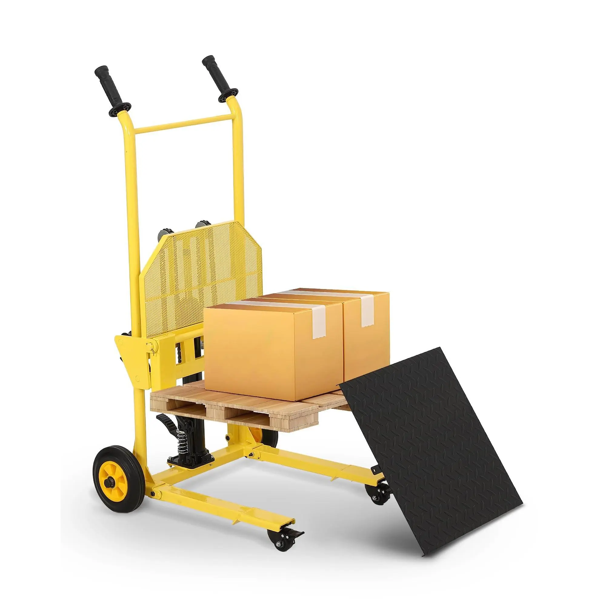440LBS Hydraulic Lift Stacker, Adjustable Fork Pallet Truck | 440 lbs load, foot pedal hydraulic control, adjustable fork, max 36" lift,Mobile Forklift Truck Dolly and Pallet Jack with Diamond Plate Steel Platform, Yellow