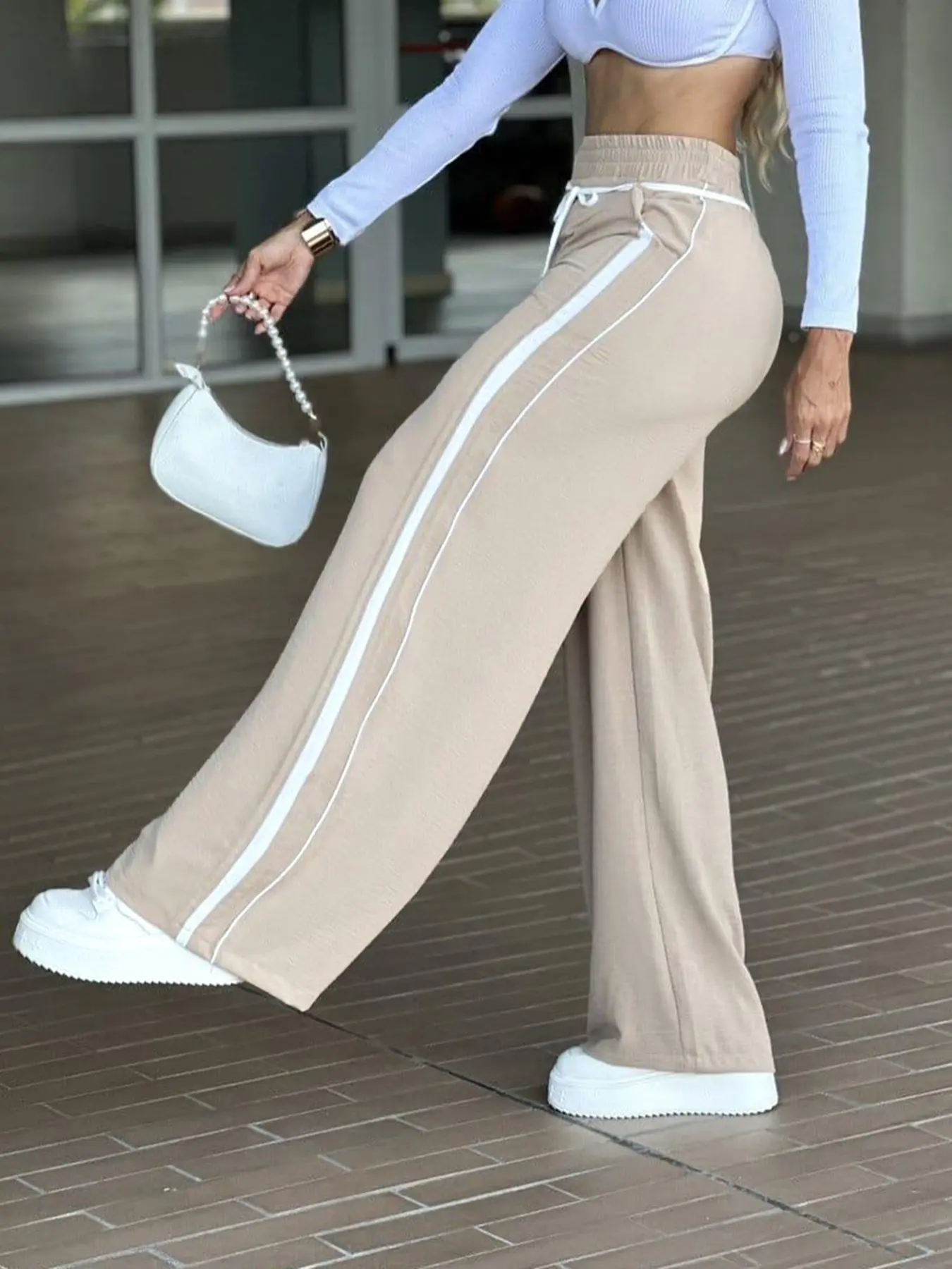 Striped Colorblock Elastic Wide Leg Pants for Women, New Loose Fit Flowy Style, Tall Look for Petite, Daily Wear Straight Leg Casual Long Pants, Casual Fabric Pants