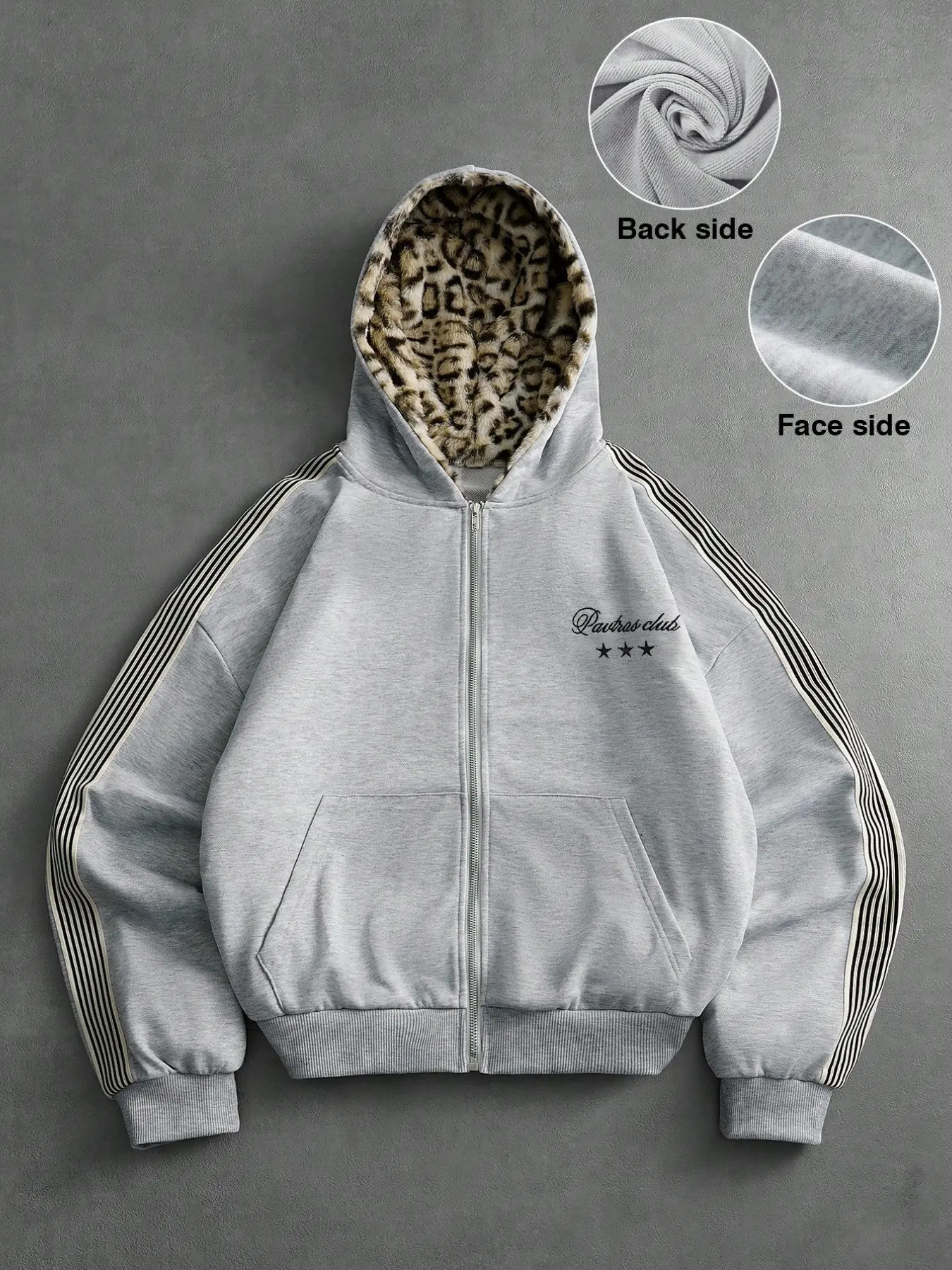 Unisex Preppy Sweatshirt, Embroidered Letter Design, Leopard Pattern Lining, Hoodie, All-Season Streetwear, Loose Fit