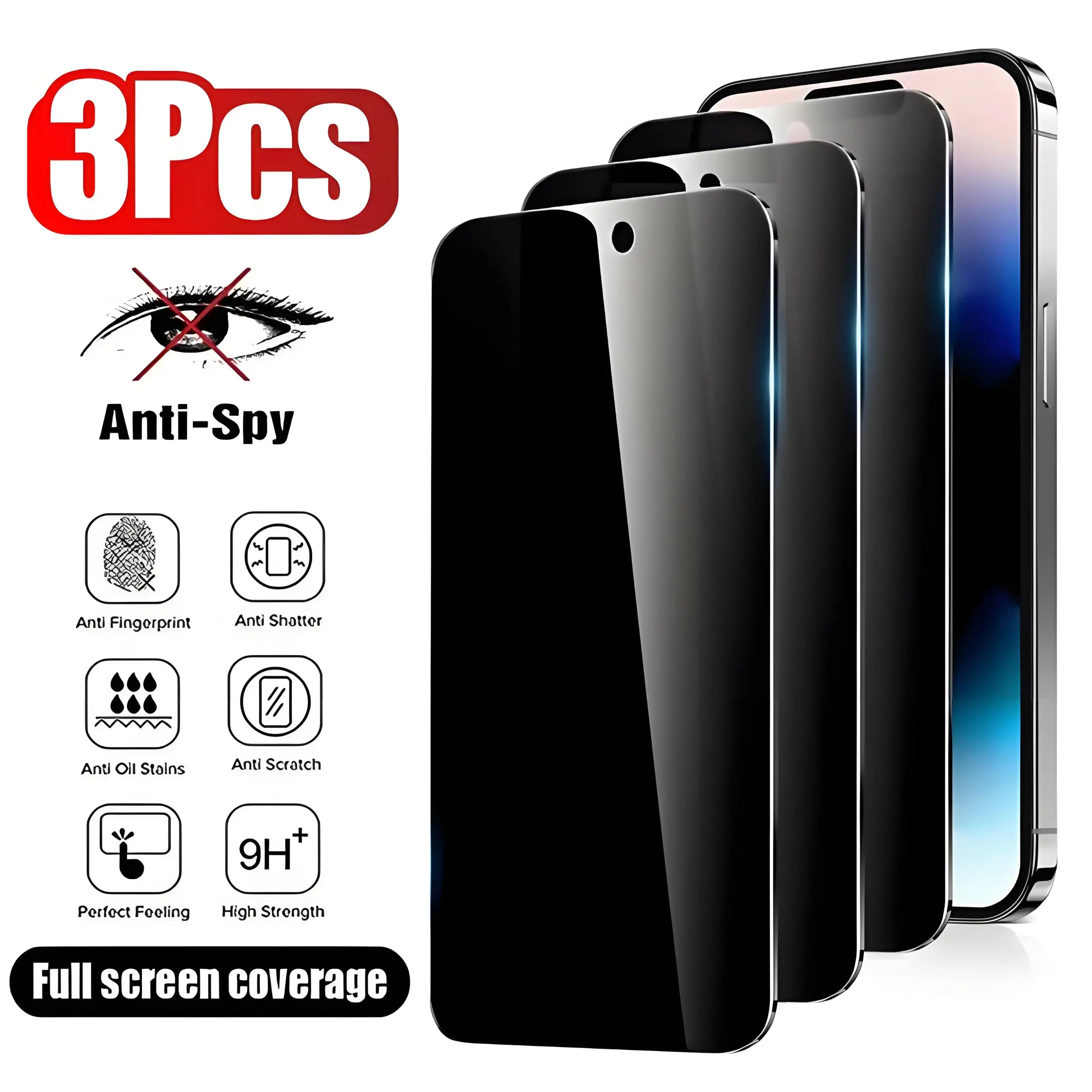 3-Pack Full Coverage Tempered Glass Film Privacy Covers Protective Screen Protector, 9h+ Hardness, Compatible with iPhone 17 Pro Max/17 Air/17E/16 Pro Max/16E/15 Pro Max/14 Plus/13 Pro/12/11 Pro Max/Xs MAX Models, Anti-Spy Feature