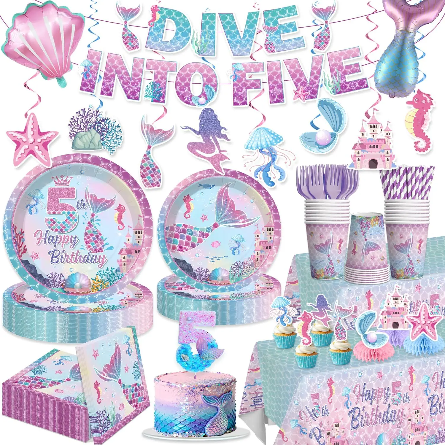 191pcs Dive into 5 Birthday Decorations Girl-Serves 25, All-in-One Mermaid 5th Birthday Decorations with 350gsm Plates, Tablecloth, Centerpiece,Balloon, Banner, Mermaid Candle 5, Etc