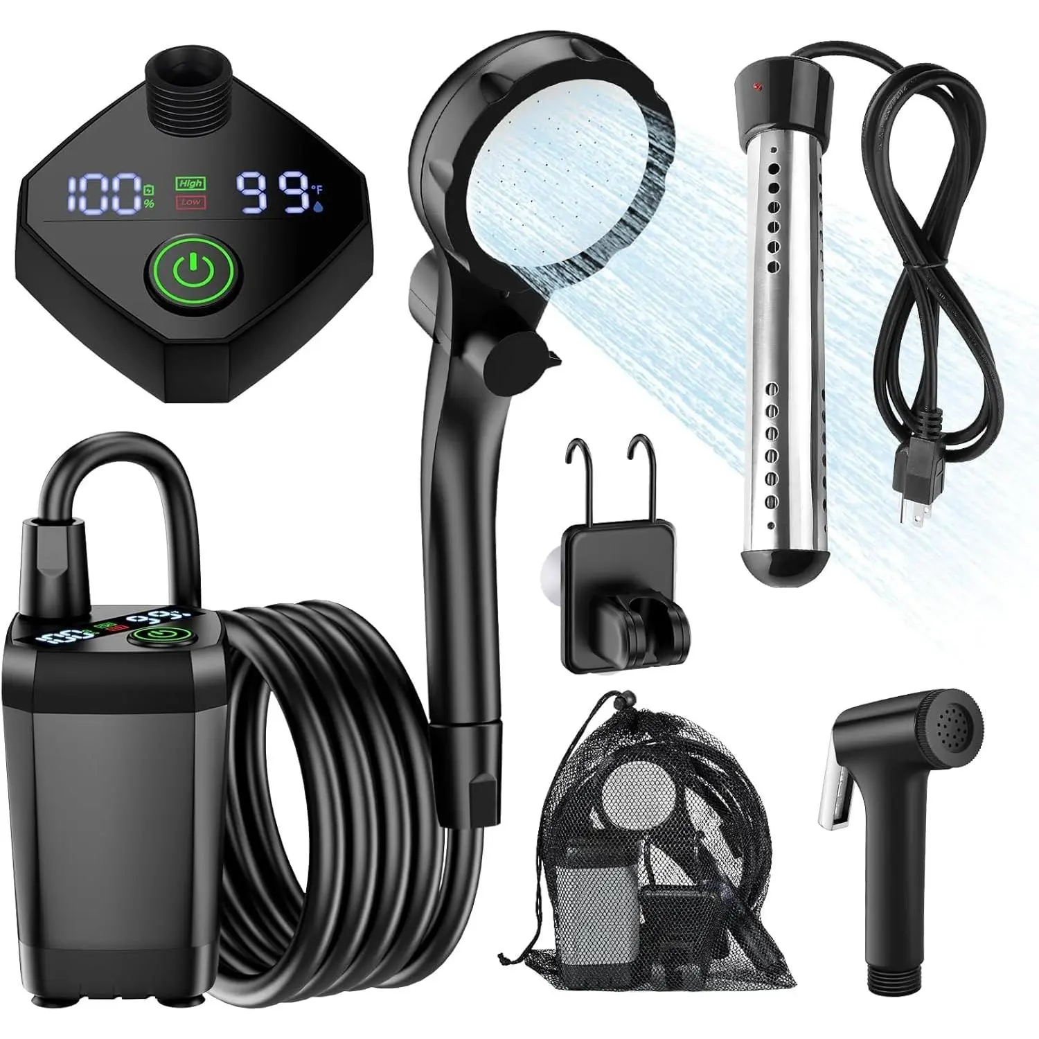 Portable Camping Shower with Heater, Long-Lasting 6000mAh Rechargeable Camping Shower with Sprayer Head,4 Spray Modes,IPX7 Waterproof Outdoor Camp Pump  Hiking, Travel, Car, Pet