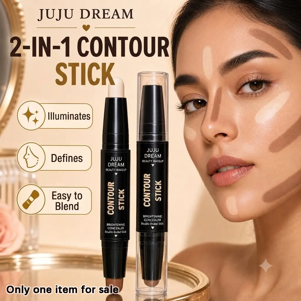 JUJU DREAM Double Ended Contour & Highlight Stick, Creamy weightless smooth texture that blends seamlessly, one end matte contour, the other bright highlight, 3D sculpt makeup stick for creating slim lifted dimensional natural facial contour everyday